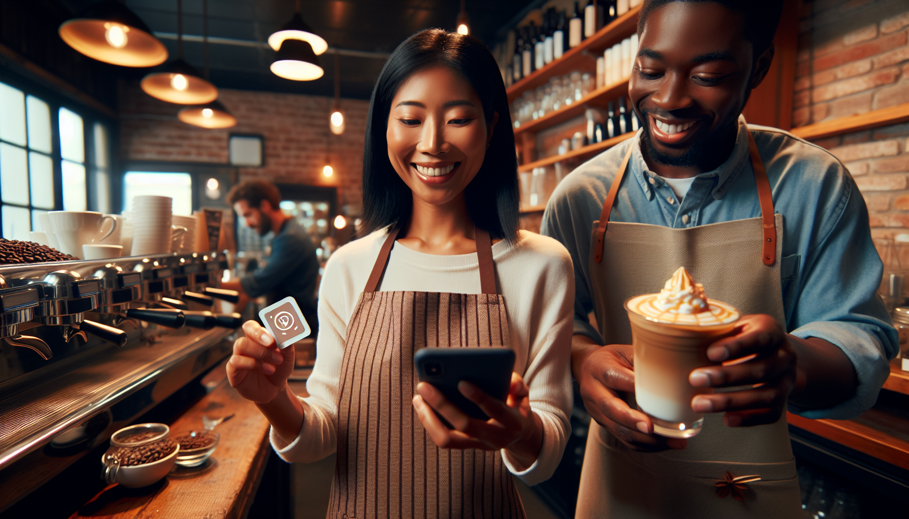 A woman holds a mobile phone displaying a virtual loyalty card app and a small device while smiling. A man next to her carries a coffee cup with foam art. They stand behind a counter, likely in a café.