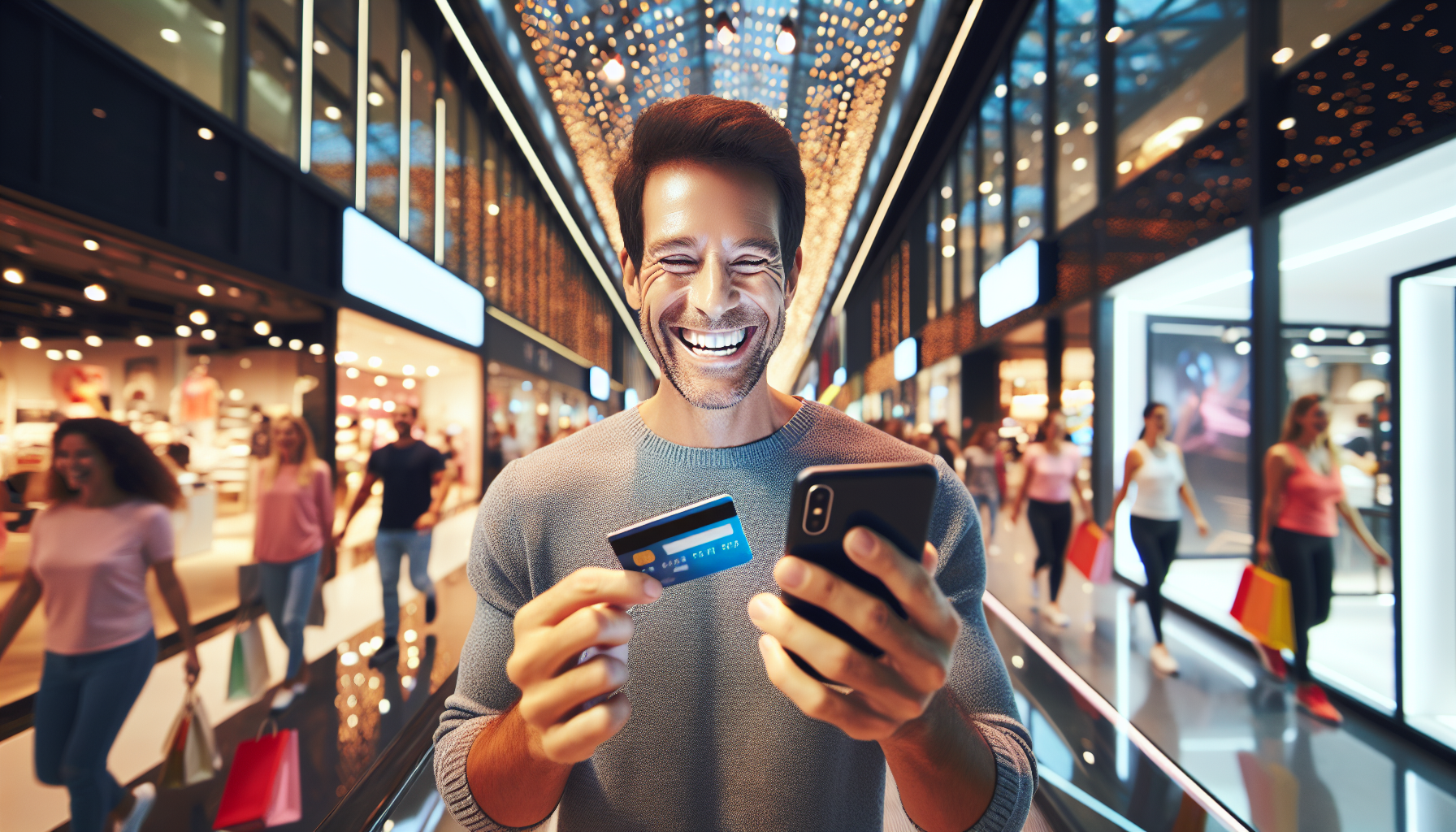 A person smiles while holding a credit card and a smartphone with an electronic membership in a brightly lit shopping mall, surrounded by other shoppers in the background.