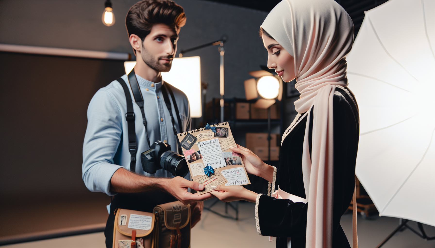 A photographer with a camera bag hands a gift-wrapped box to a woman in a studio setting, lights softly gleaming in the background—a delightful gesture as part of the Photography Customer Rewards program.