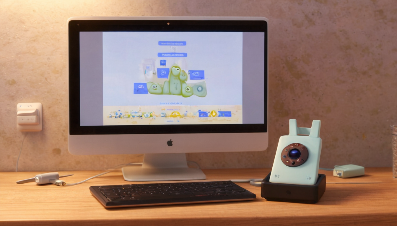 A desktop setup with an iMac displaying a screen, a keyboard in front, and a blue electronic device with a circular dial on a charging stand placed on the right side on a wooden desk—perfect for working on loyalty program tips.