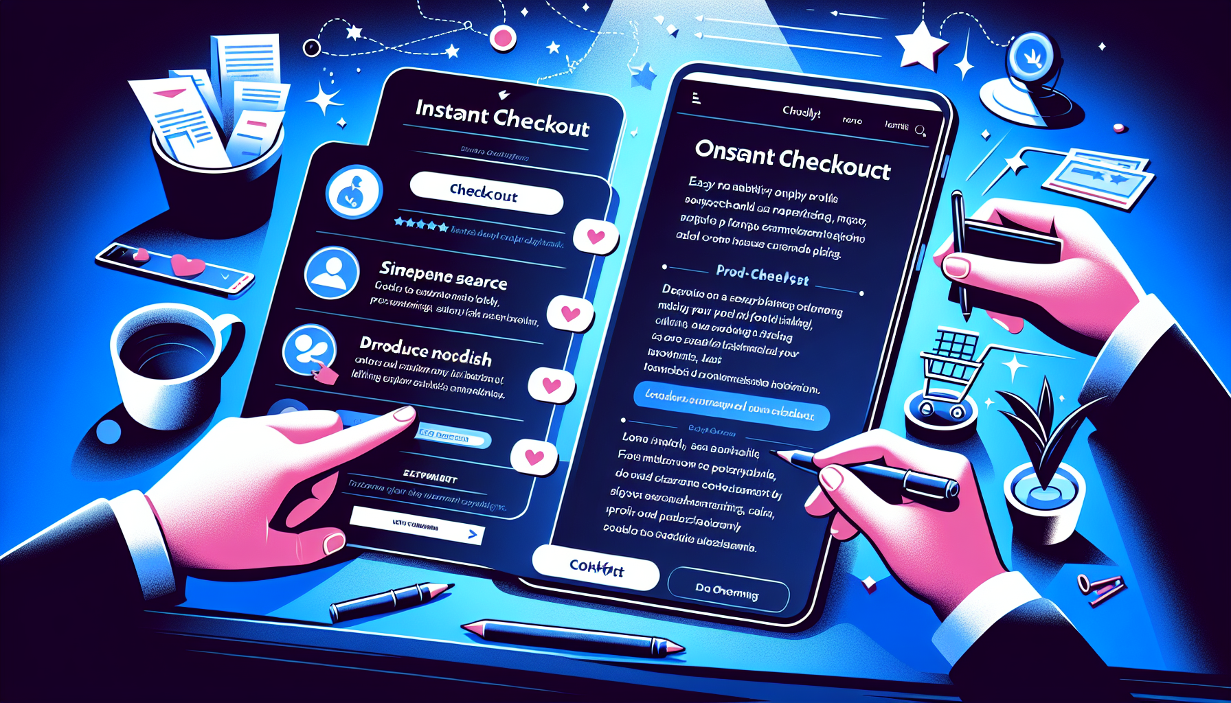 Illustration of two hands interacting with mobile apps for instant and on-the-go checkout options. Cups, pens, papers, and a plant are on the table. The apps display various steps in the checkout process, enhancing customer satisfaction and building consumer trust for seamless experiences.