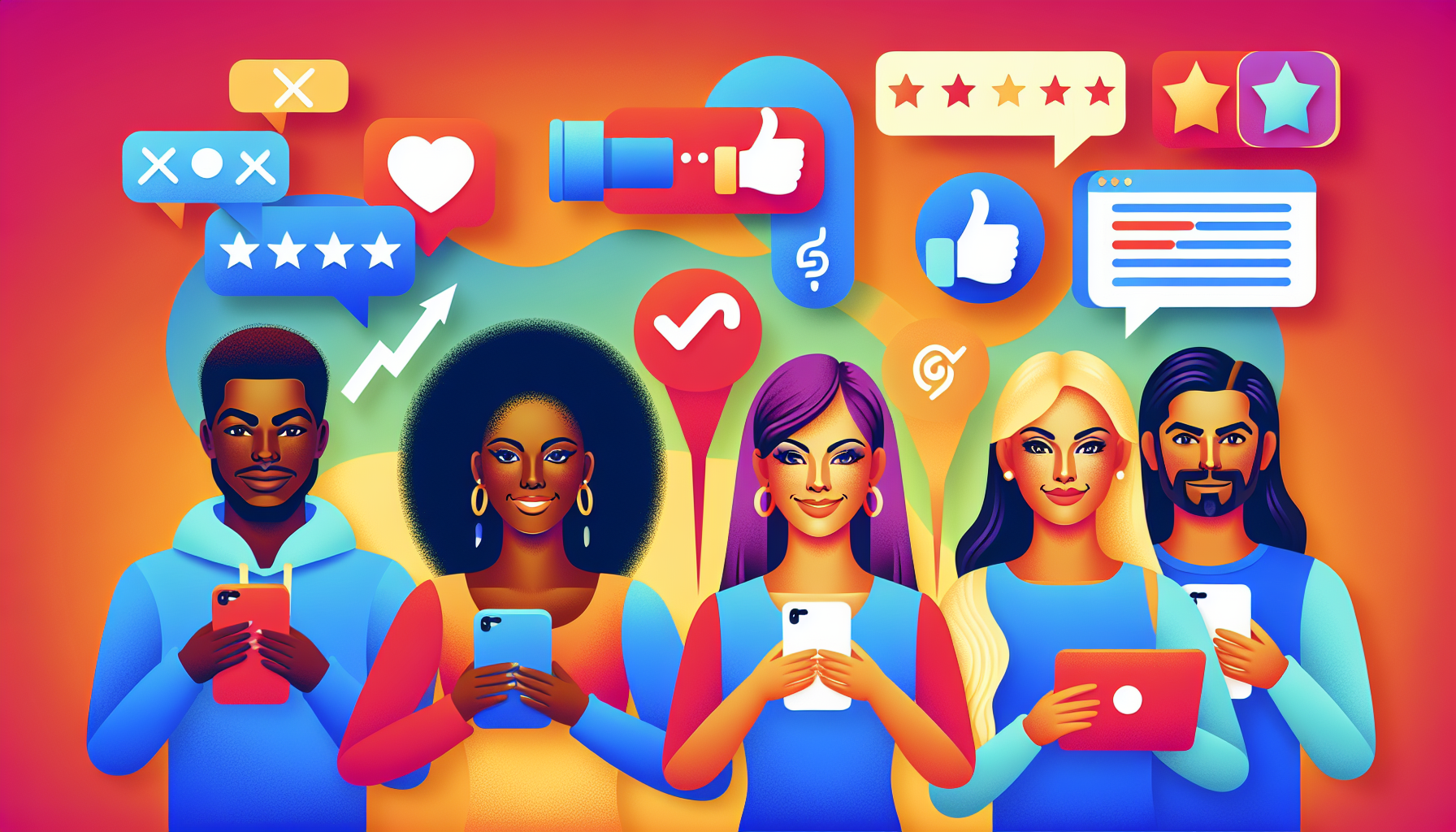 A diverse group of five people using smartphones and tablets with various social media icons and symbols like likes, stars, comments, and messages floating above them against a colorful background, brainstorming creative loyalty program names for their brand.