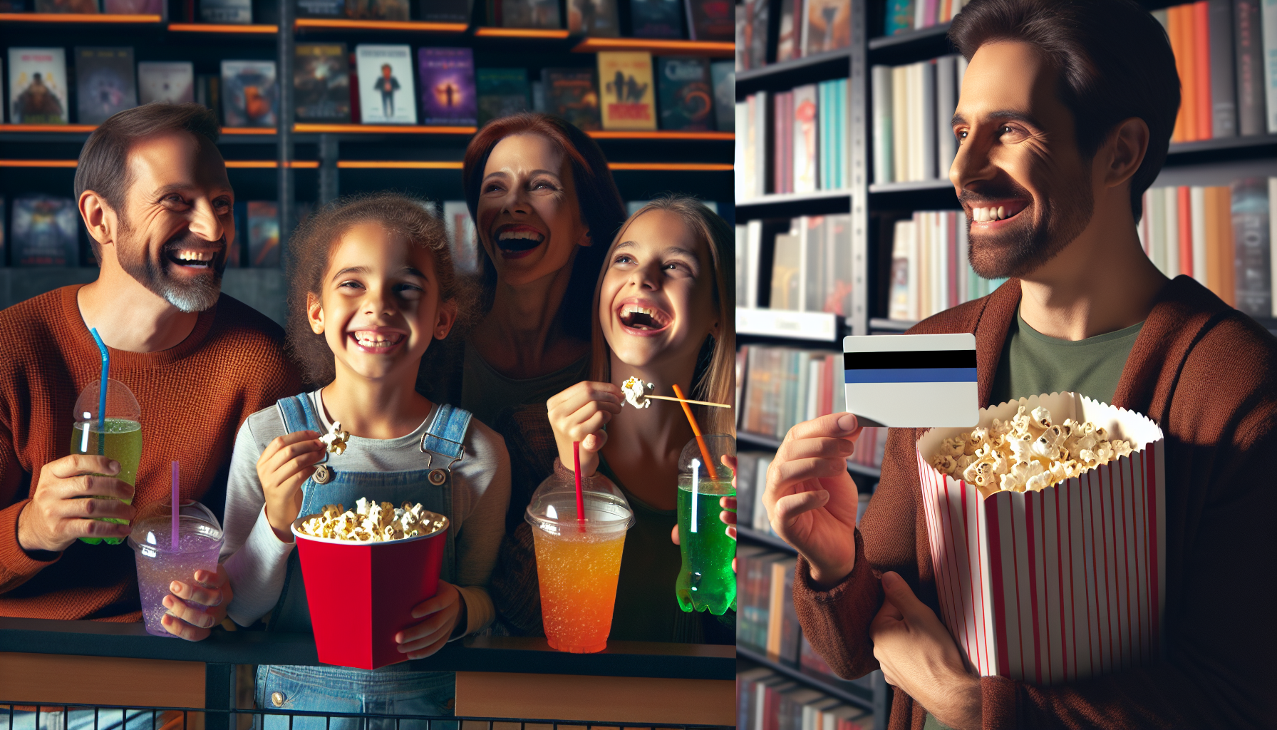 A group of people, including a man holding a flag and a large popcorn container, enjoy snacks and drinks in what appears to be a library setting, likely discussing their rewards cards for stores and membership benefits.