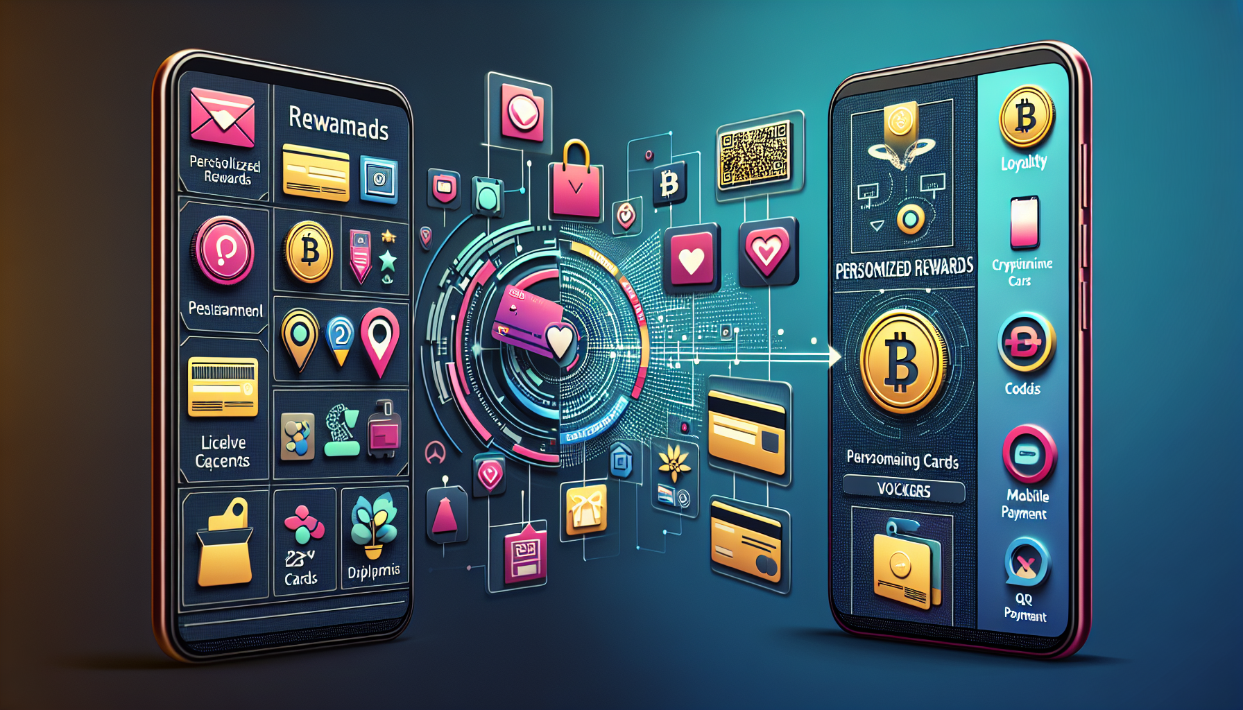 Two smartphones showcase digital rewards and cryptocurrency apps, highlighting icons like Bitcoin, loyalty platforms, QR codes, and various digital services on vibrant screens. These tools enhance customer retention through structured rewards programs.