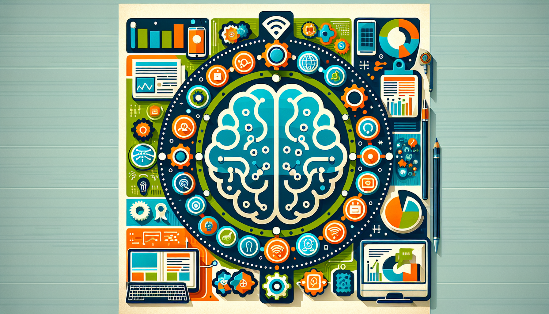 Illustration of a brain surrounded by various technology and data icons, including graphs, charts, gears, and computer screens. Highlighting the connections between analytics and a rewards program software, a pen lies near the upper right corner.