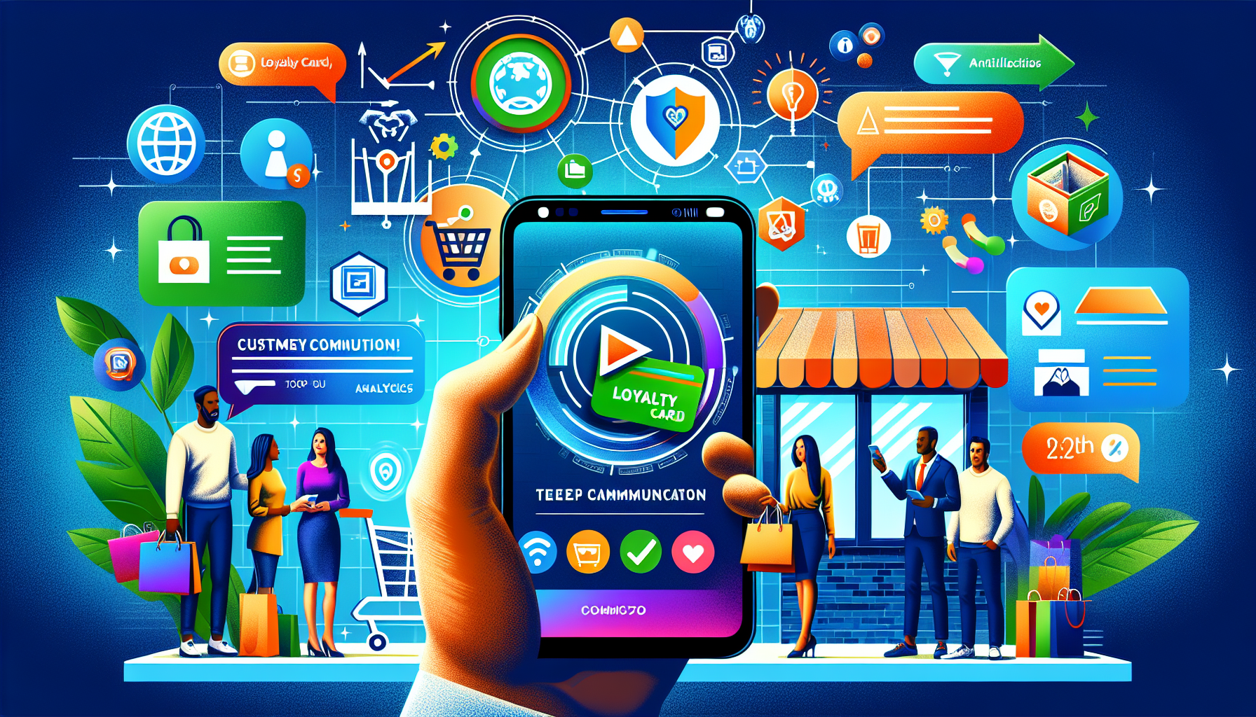 A hand holds a smartphone displaying a loyalty card app. In the background, a diverse group of people shop outside a store, surrounded by various icons representing digital communication and shopping technologies, illustrating customer engagement tools and an effective rewards system.