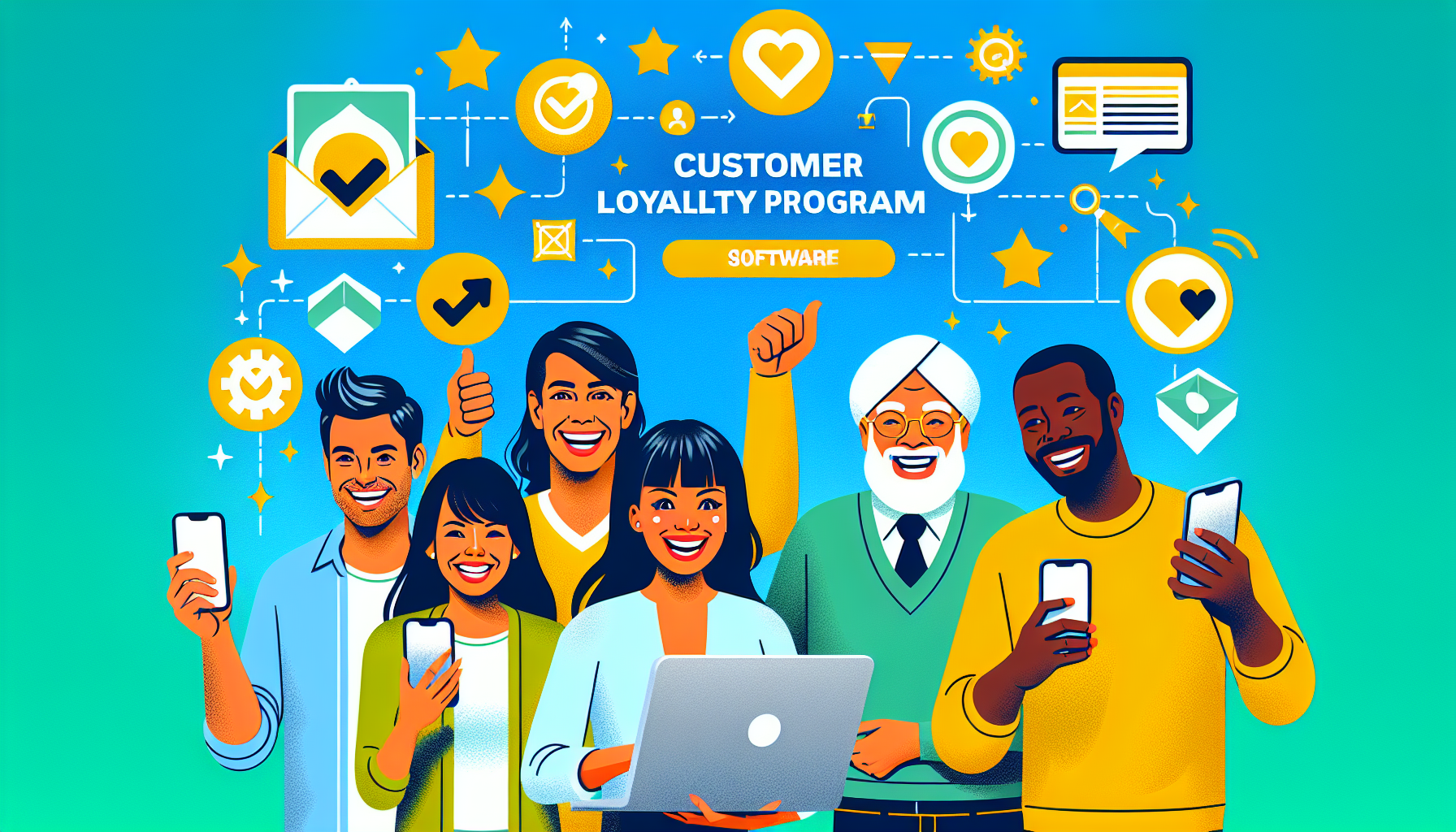 Illustration of a diverse group of six cheerful people using various devices, with icons representing engagement and loyalty floating above. Text reads "Rewards Program Software.