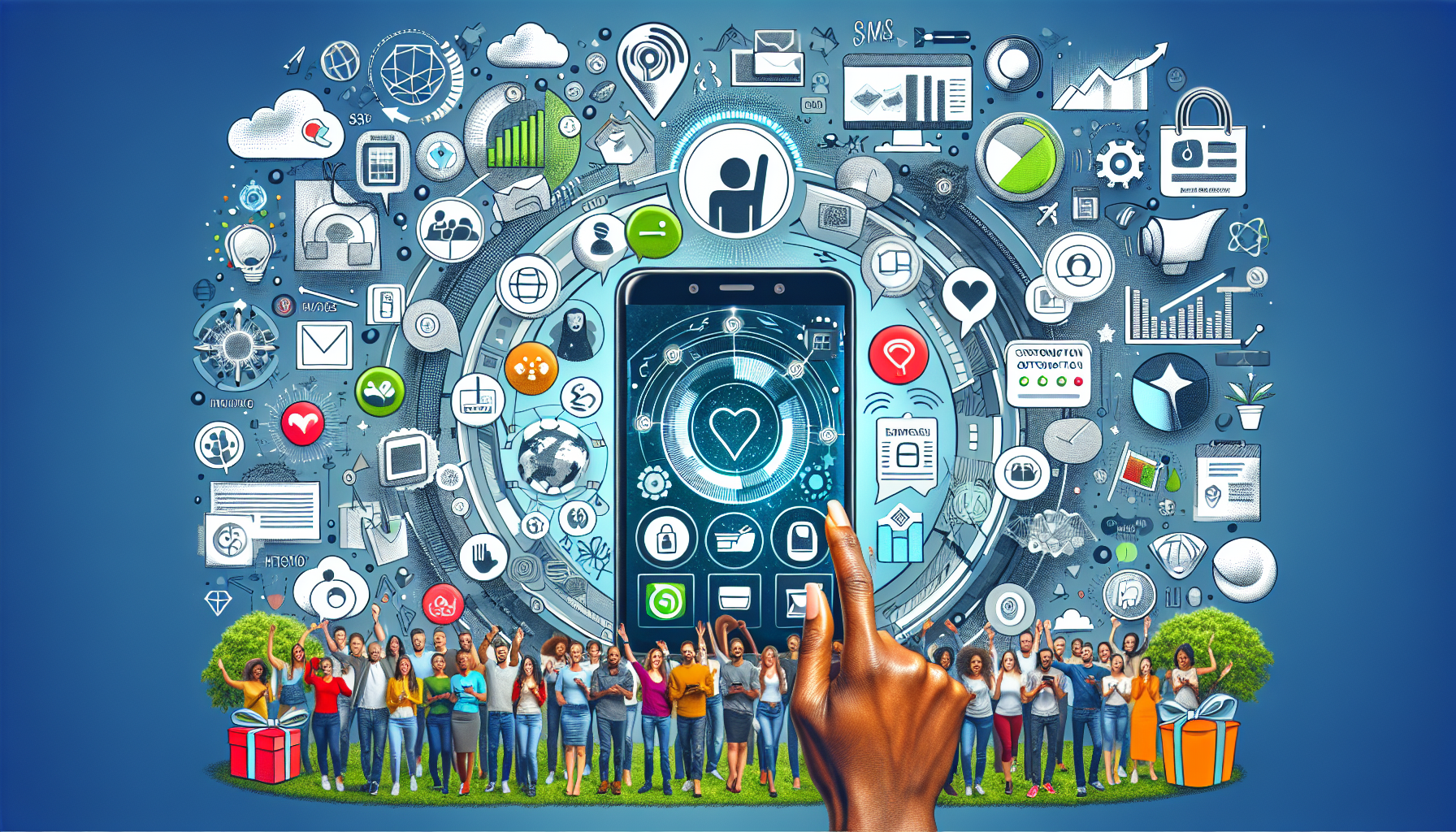 A hand interacts with a digital interface on a smartphone screen, utilizing a Customer Rewards Program Software. Surrounding the screen are diverse icons representing technology and communication, with a crowd of people below engaging enthusiastically.