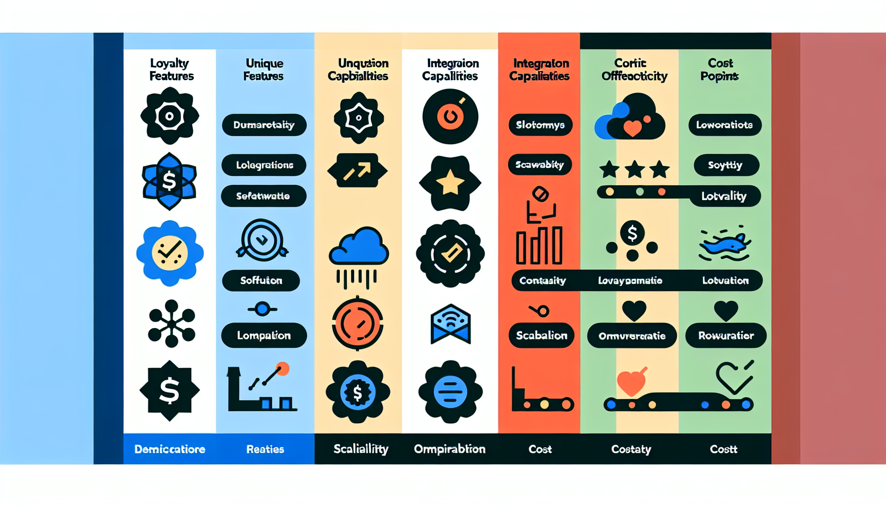 A chart displaying various features and capabilities categorized under Loyalty, Unique, Unquestion, Integration, and Cost. Icons and labels represent aspects like small business loyalty tools, scalability, and cost efficiency.