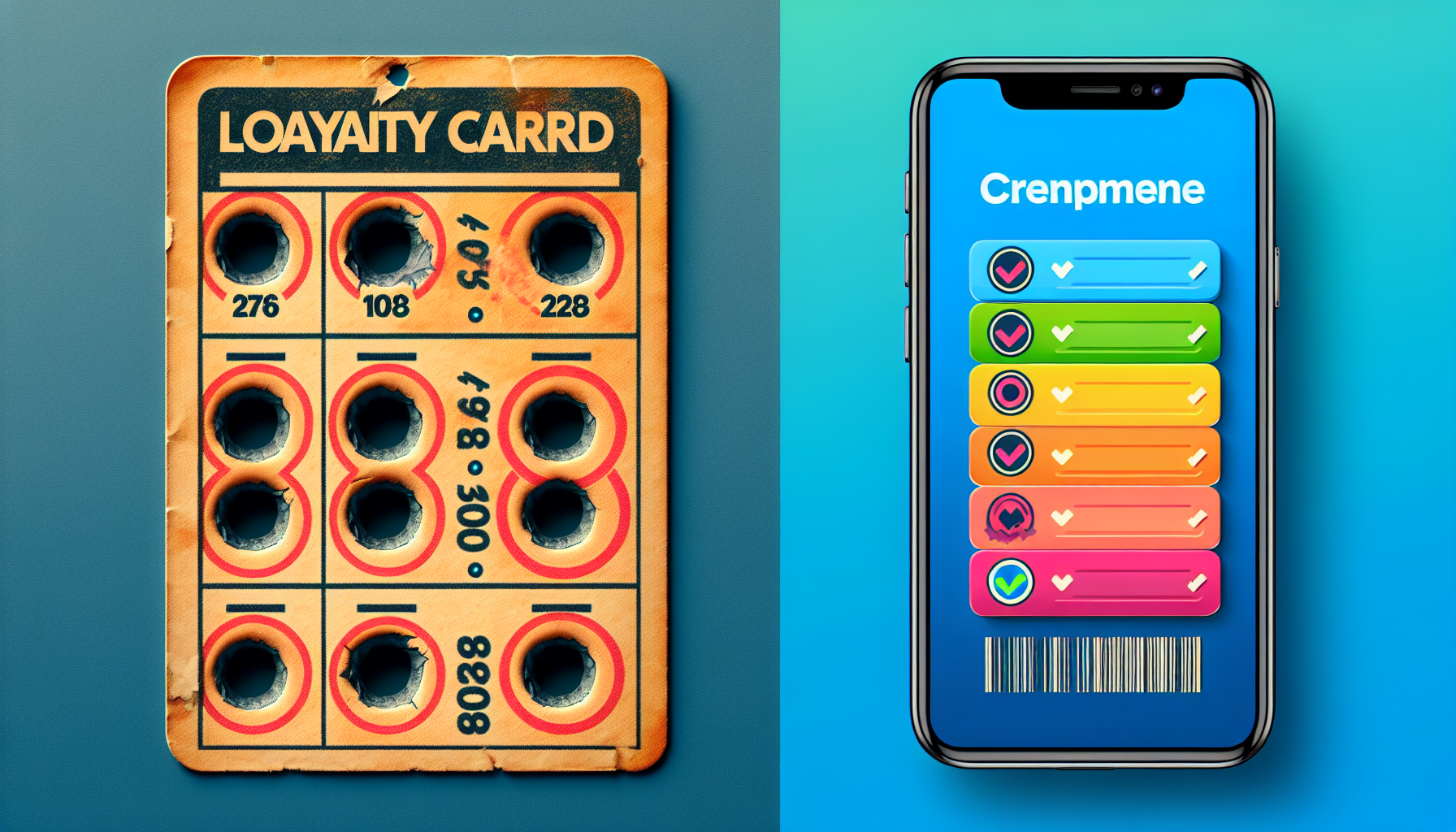 An old, worn punch card labeled "LOYALTY CARD" on the left contrasts with a modern smartphone on the right, displaying digital stamp cards within a vibrant loyalty app featuring colorful checklists and a barcode.