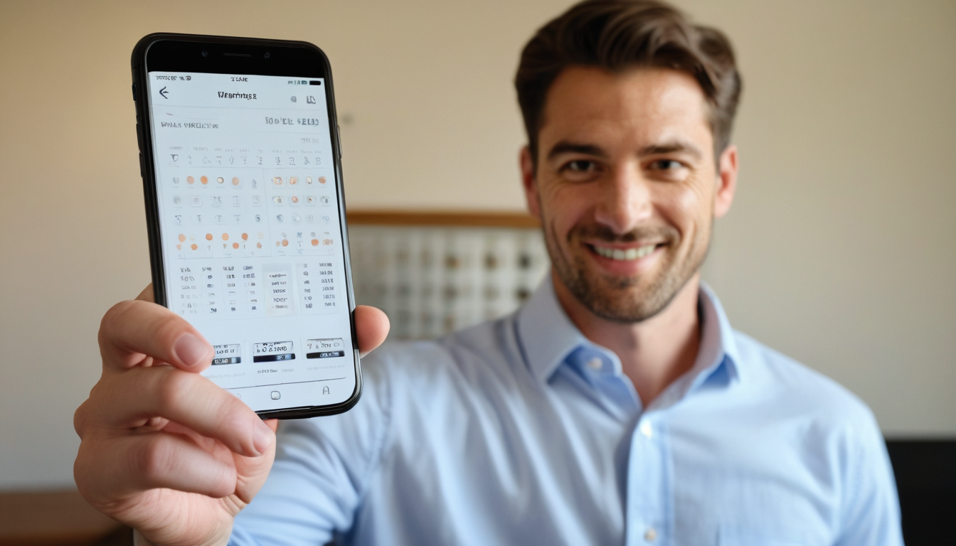 A smiling man in a blue shirt displays a smartphone screen showing a small business loyalty software interface.