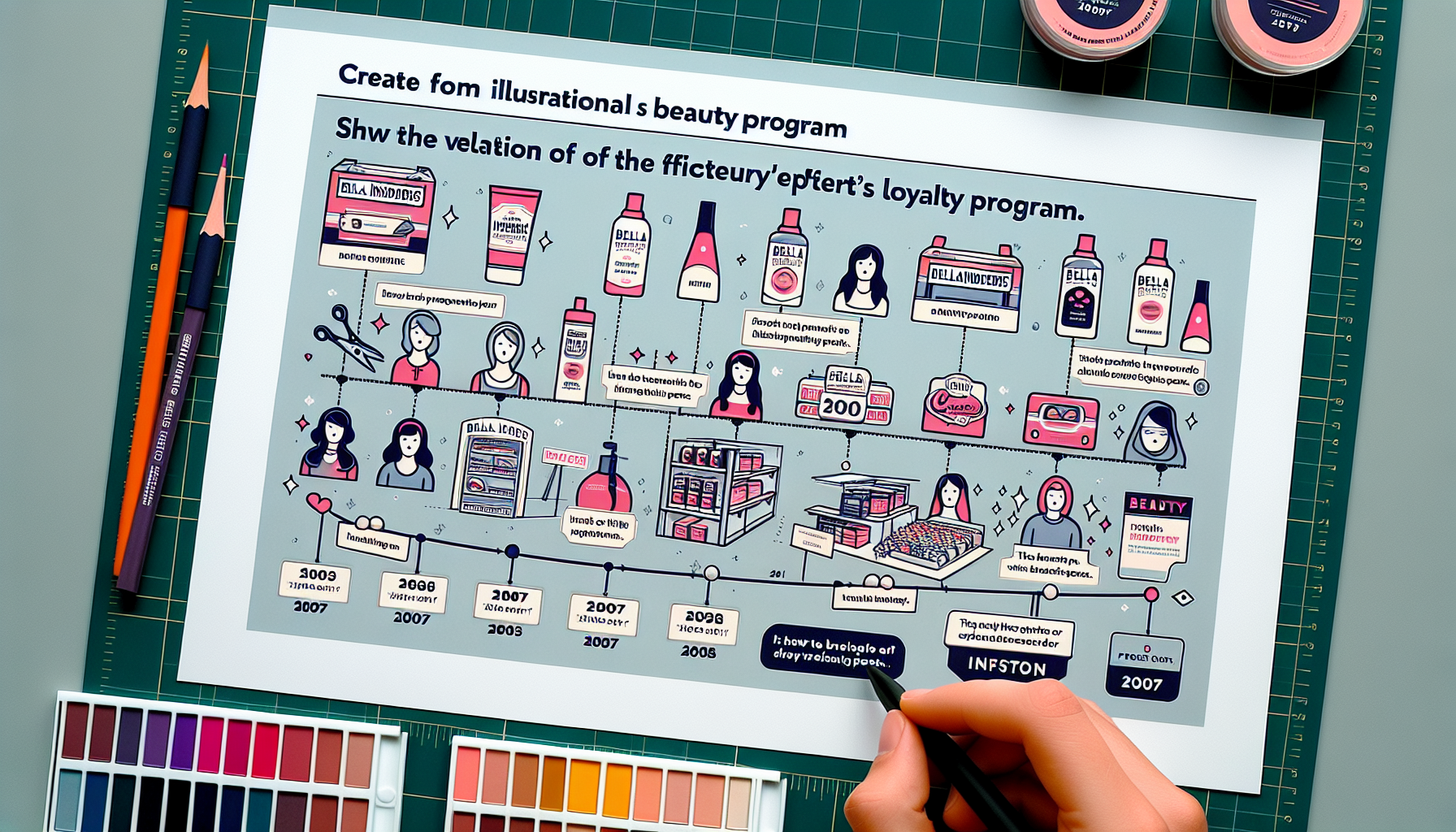 An infographic timeline detailing the evolution of a beauty program from 2005 to 2007, featuring various illustrated products, activities, and milestones, including the introduction of Sephora VIP tiers and the Beauty Insider points system enhancing customer loyalty.