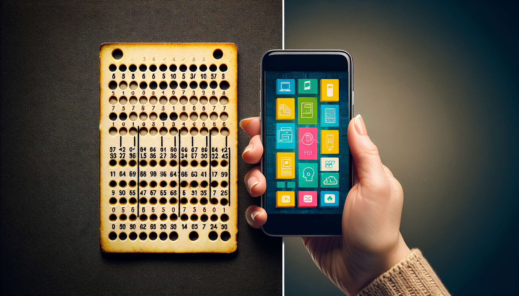 A vintage punch card is displayed next to a hand holding a smartphone brimming with colorful app icons, symbolizing the evolution of customer engagement tools.