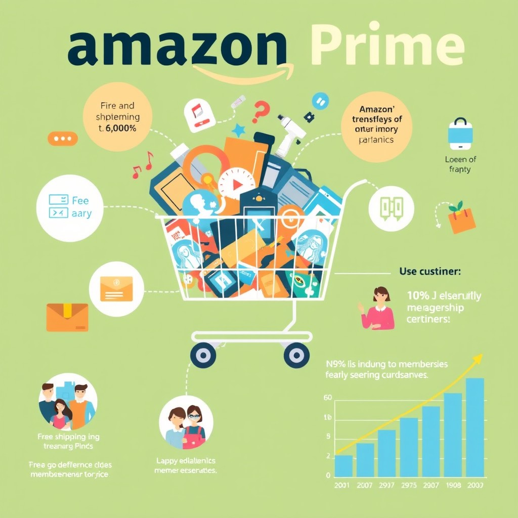 Infographic of Amazon Prime benefits, including free shipping, streaming services, and exclusive deals. A graph shows membership growth from 2001 to 2009, while illustrations represent various services—highlighting their customer retention program and brand loyalty initiatives.