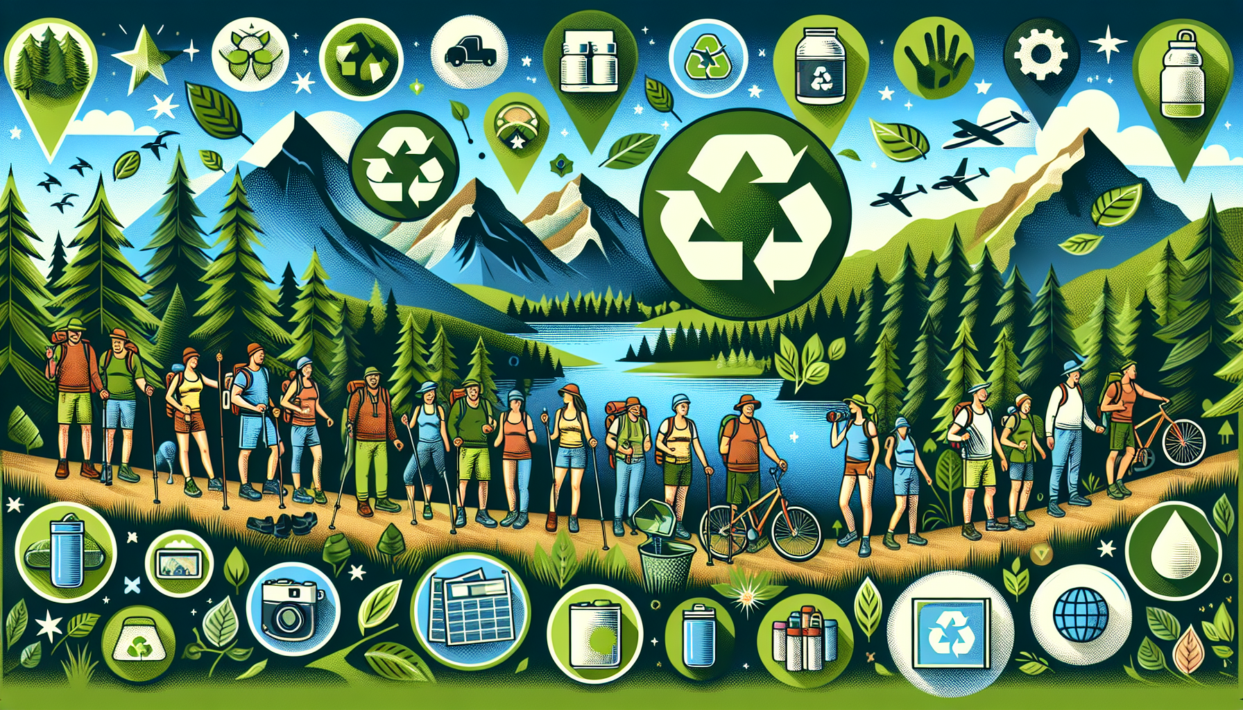 Illustration of diverse individuals engaging in various outdoor activities like hiking, cycling, and recycling in a mountainous landscape, with recycling symbols and eco-friendly icons in the background—a perfect visual for promoting brand loyalty initiatives focused on sustainability.