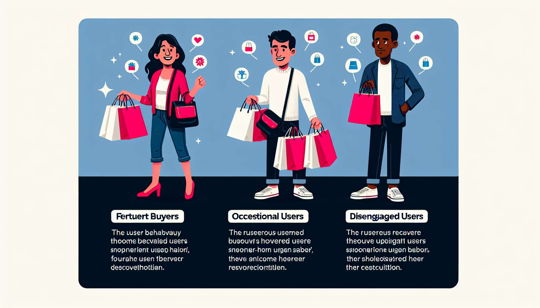 Illustrated chart showing three types of users based on shopping behavior: Frequent Buyers, Occasional Users, and Disengaged Users, each carrying shopping bags with icons denoting different activities. This visual aids in understanding behavioral segmentation to enhance loyalty program strategies.