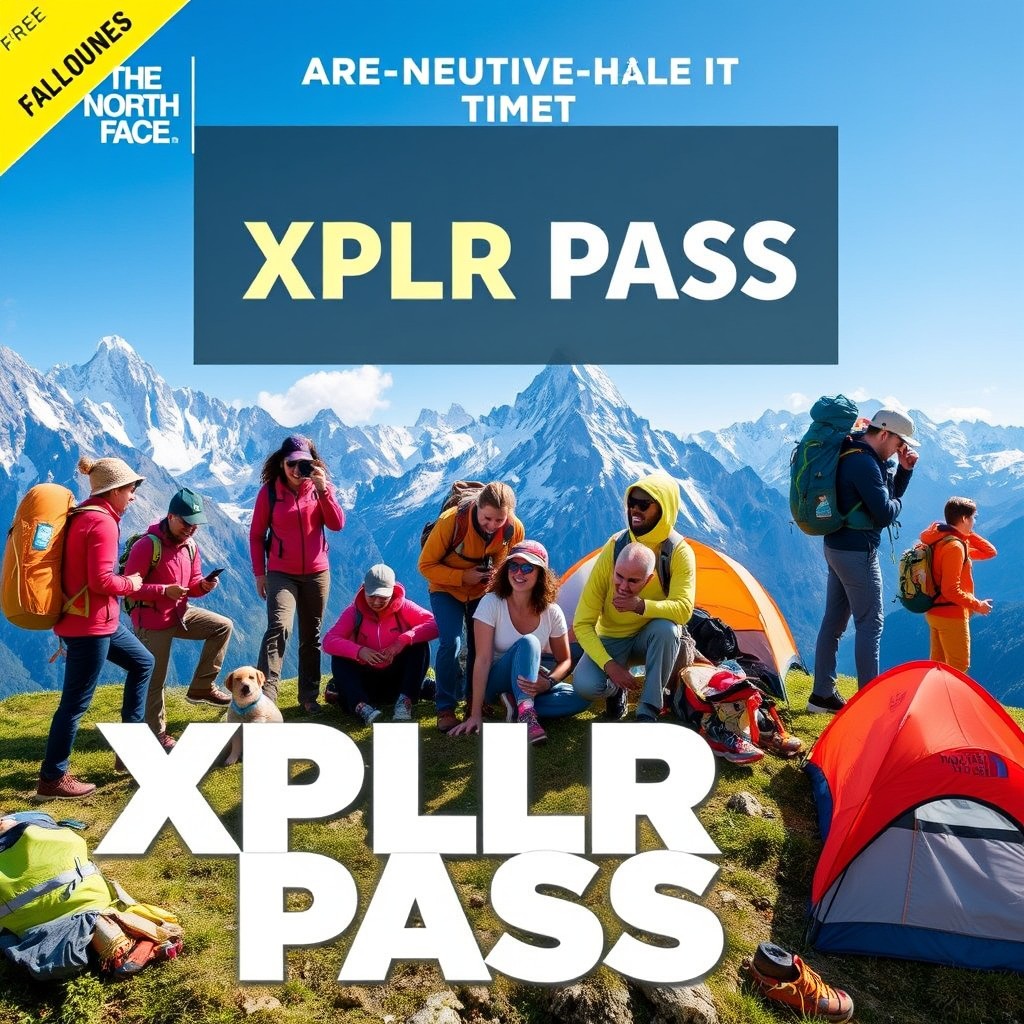 A group of hikers relax near tents on a mountain, with snowy peaks in the background. Text reads "XPLR Pass" and "The North Face," showcasing brand loyalty initiatives.