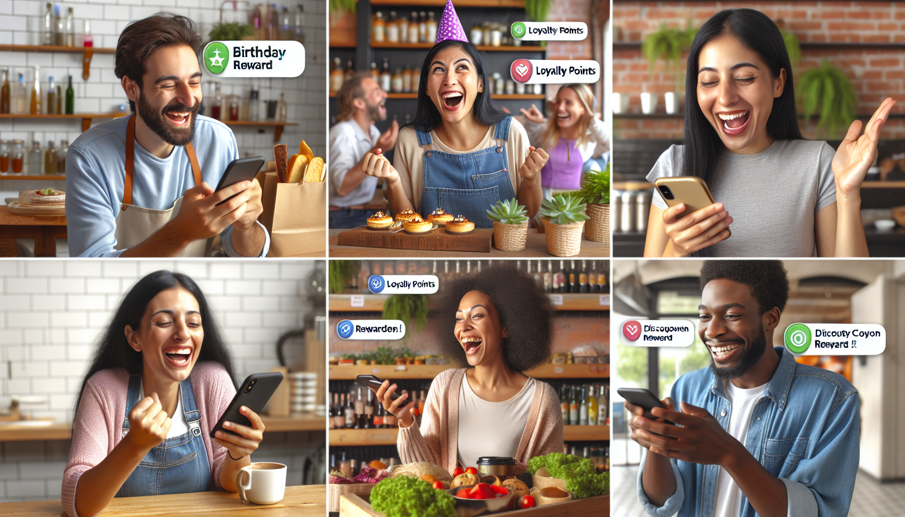 Collage of six people smiling at their phones, receiving various rewards messages like "Birthday Reward," "Loyalty Points," and "Discount Coupon Reward" from a digital rewards program.