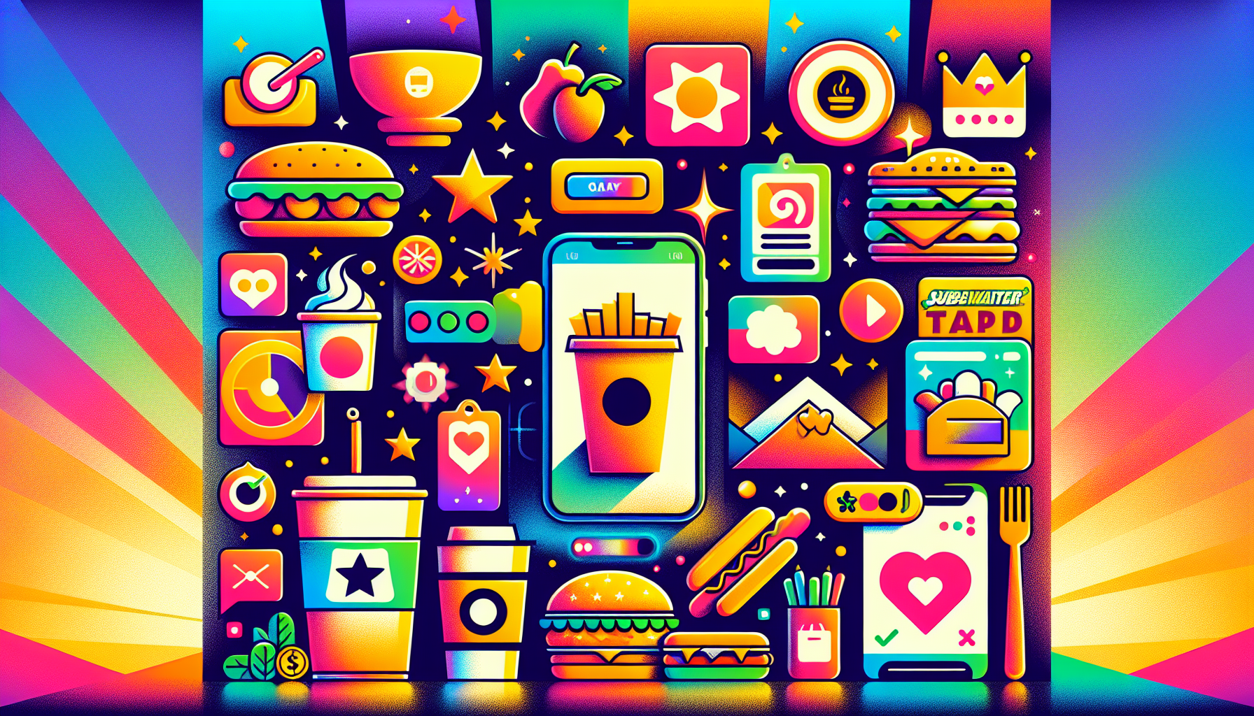 Brightly colored, neon-style illustration of various fast food items, mobile and social media icons, and ratings, all set against a vibrant gradient background. This captivating design celebrates dining customer satisfaction and aims to attract repeat restaurant customers.