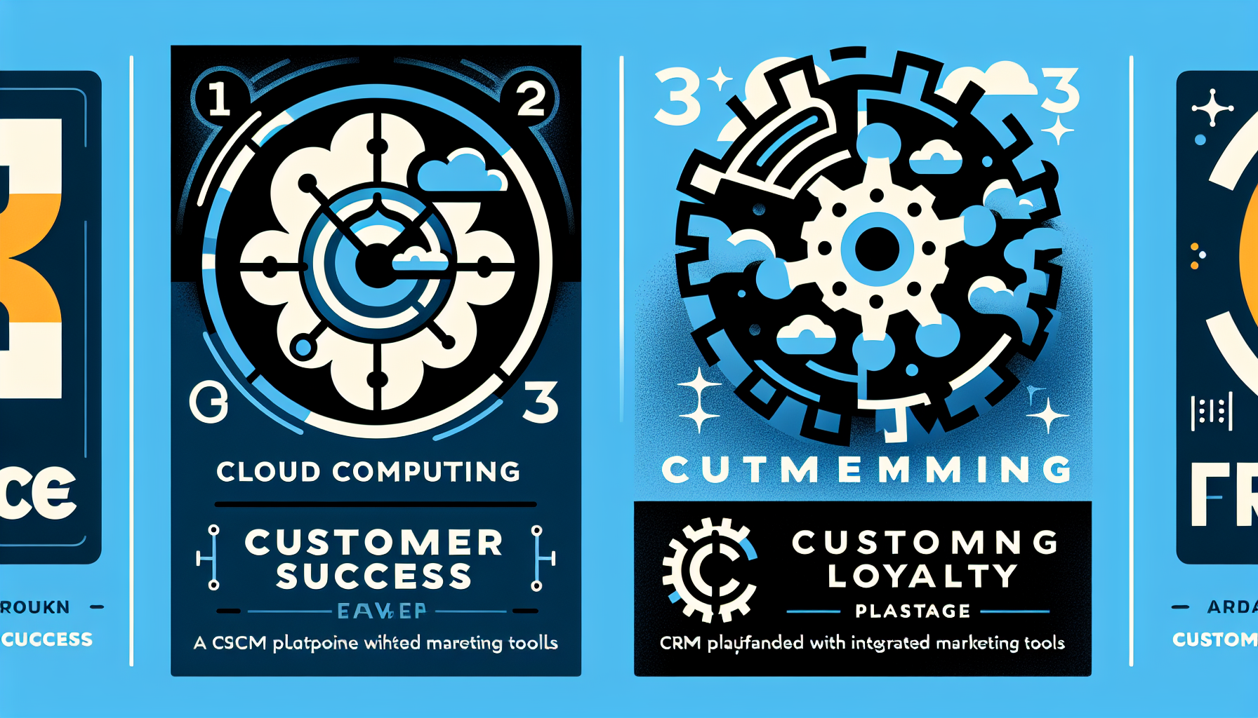 Abstract posters using stylized gears and cloud imagery capture concepts like cloud computing and customer loyalty, emphasizing marketing tools for b2b rewards programs. Blue background with bold text and graphics articulates loyalty solutions effectively.