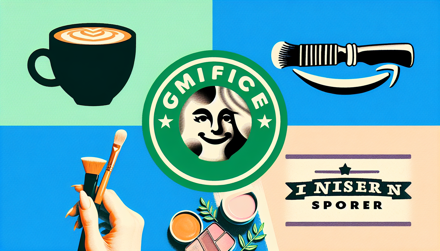 Graphic featuring a coffee cup, makeup brushes, cosmetics, a razor, and a circular logo in the center with text "GMI FICE." Board below reads "I NISER N SPORER." Get inspired for brand loyalty names or use our loyalty app naming tool for creative name ideas for loyalty programs.