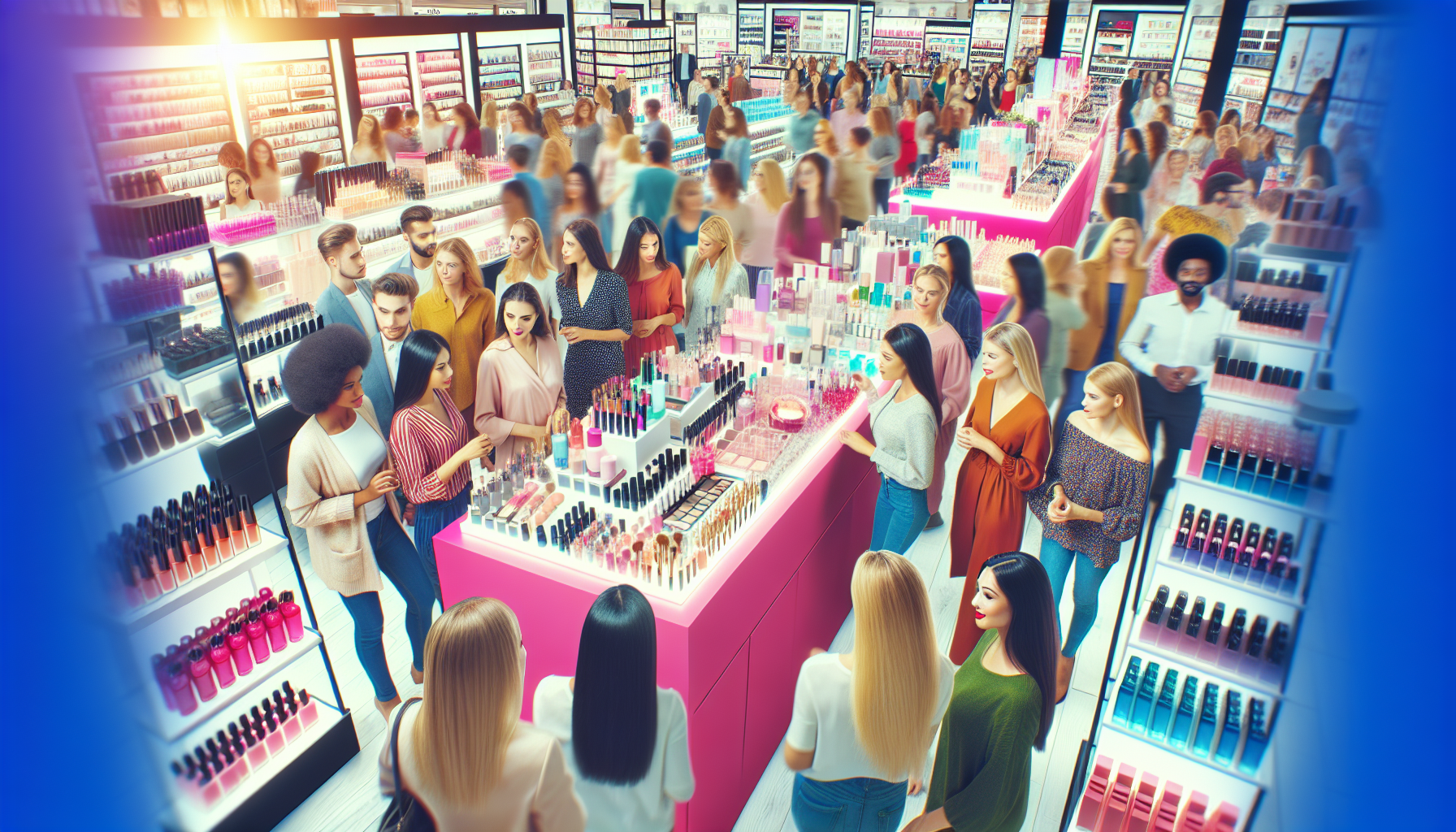 A large crowd of shoppers browse and test cosmetics in a brightly lit, busy beauty store with shelves filled with various makeup products, all while engaging with the brand loyalty initiatives for exclusive benefits.