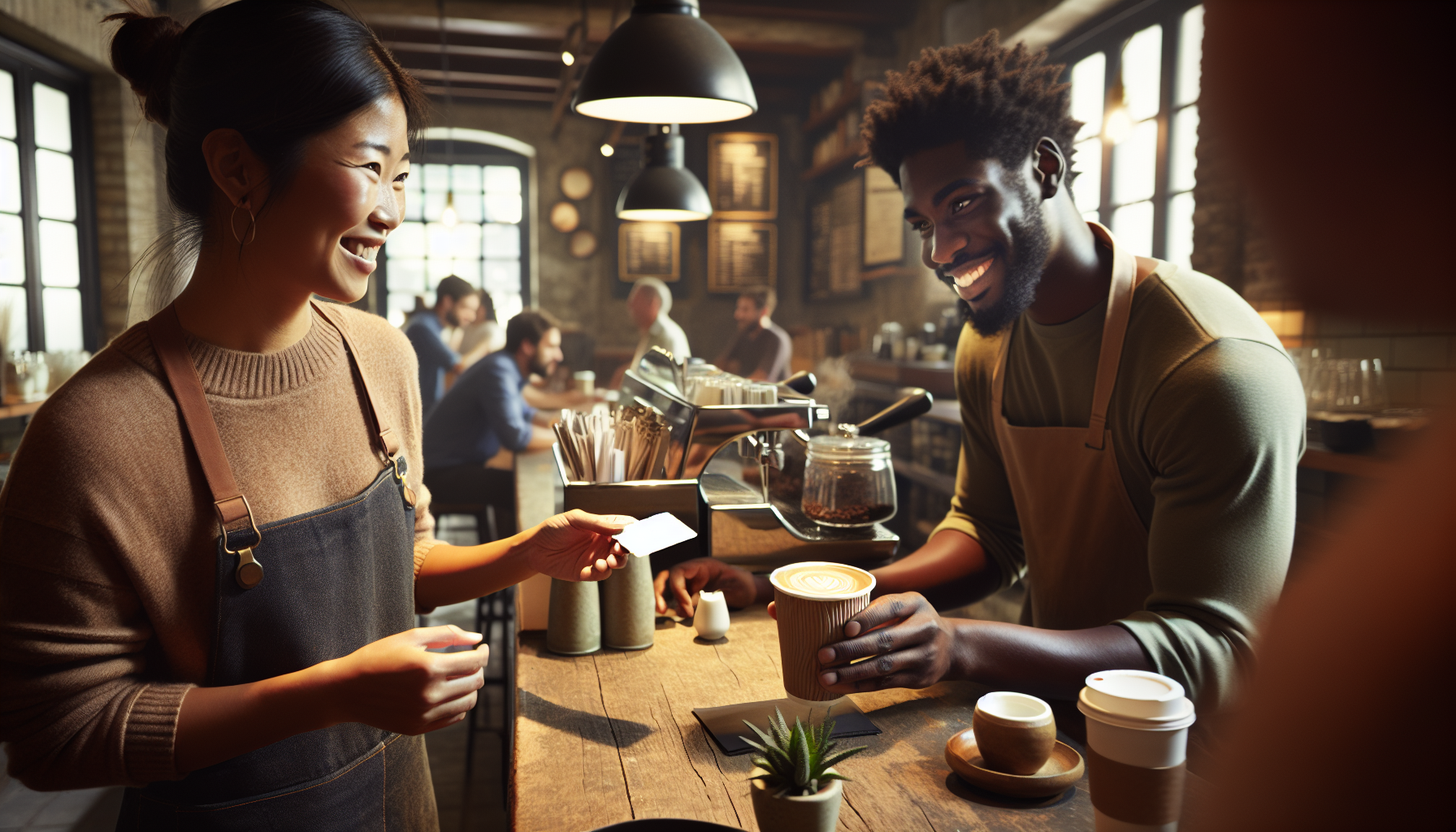 A barista hands a cup of coffee to a smiling customer at a cozy café, embodying effective customer engagement tactics. Other patrons are seated in the background. The counter features various coffee tools and a small plant, emphasizing the café's personalized feel and loyalty rewards strategy.