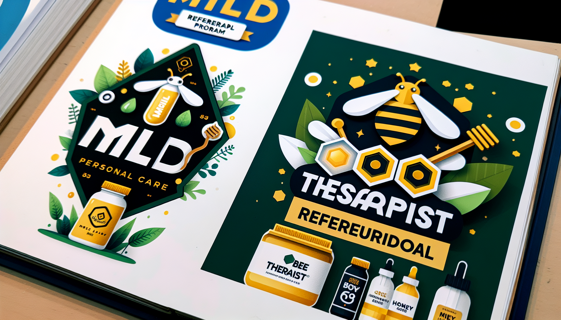 Open book showing two advertisements. The left ad is for 'MLD Personal Care' featuring deodorant and cologne, while the right ad is for 'Theapist Referreuri Doal' highlighting honey-themed products. Discover the advantages and disadvantages of referral programs through these eye-catching ads.