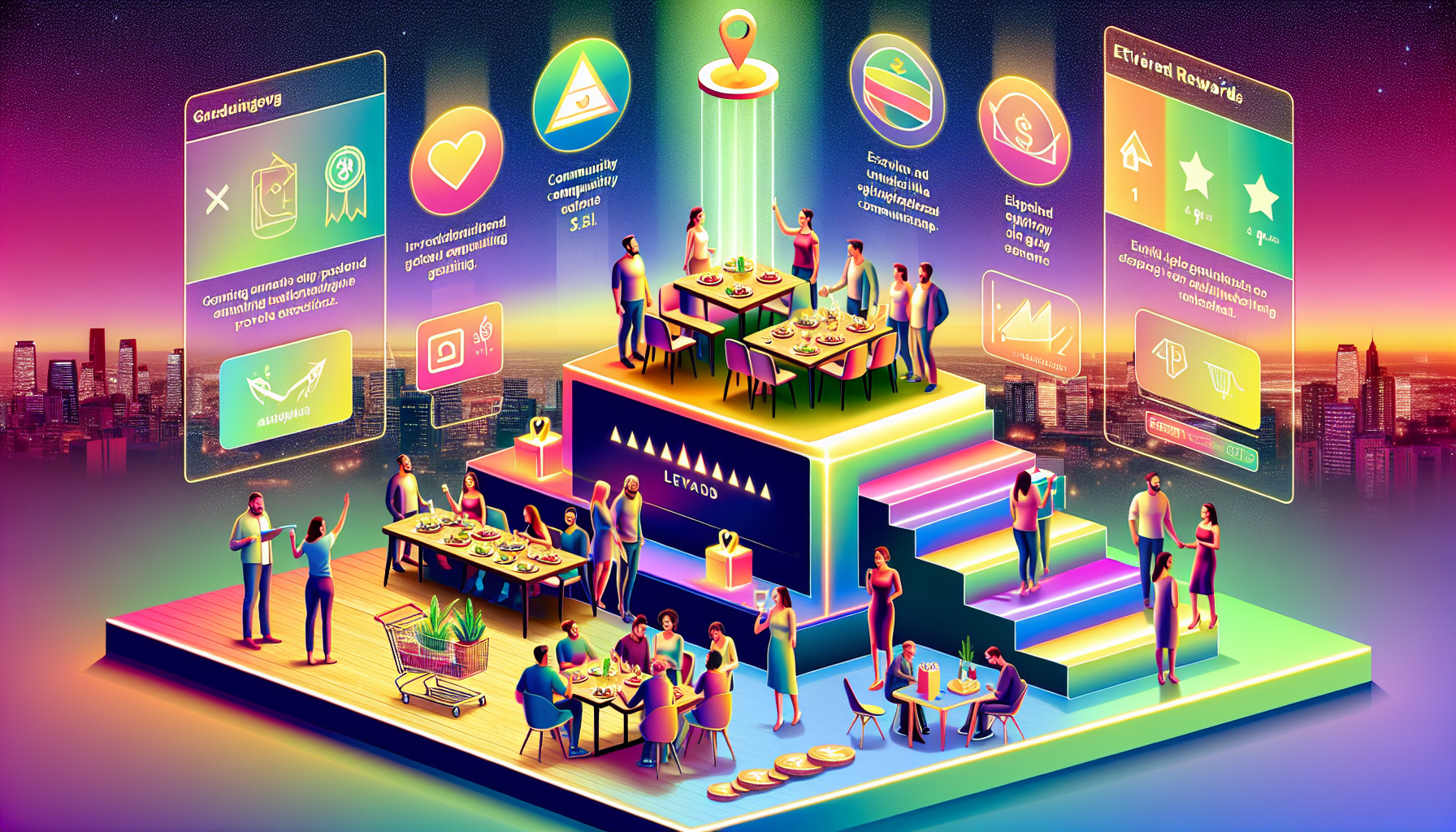 A digital illustration depicts a futuristic social event with people interacting, eating, and engaging in various activities on a multi-level platform. Surrounded by vibrant holographic interfaces and a cityscape backdrop, the scene emphasizes dining customer satisfaction through innovative restaurant loyalty programs.