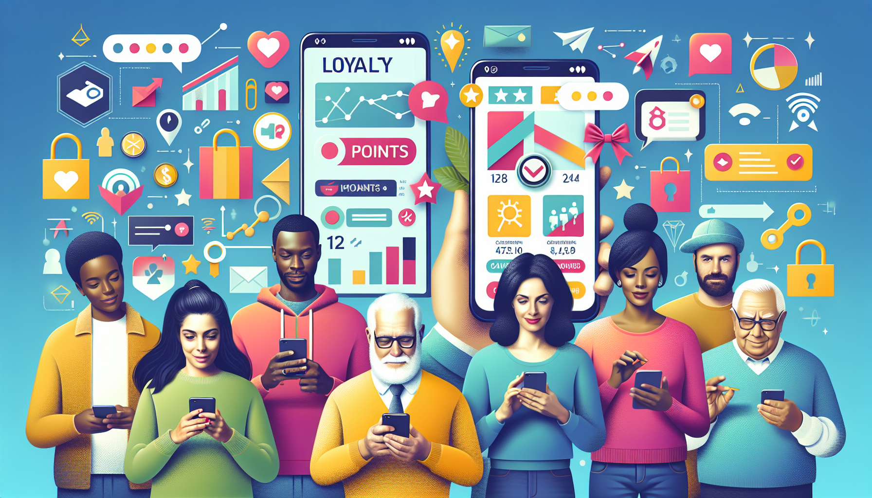 A diverse group of people using smartphones, standing in front of a background filled with various app icons, charts, and mobile interface designs that highlight the benefits of effective customer loyalty program software.