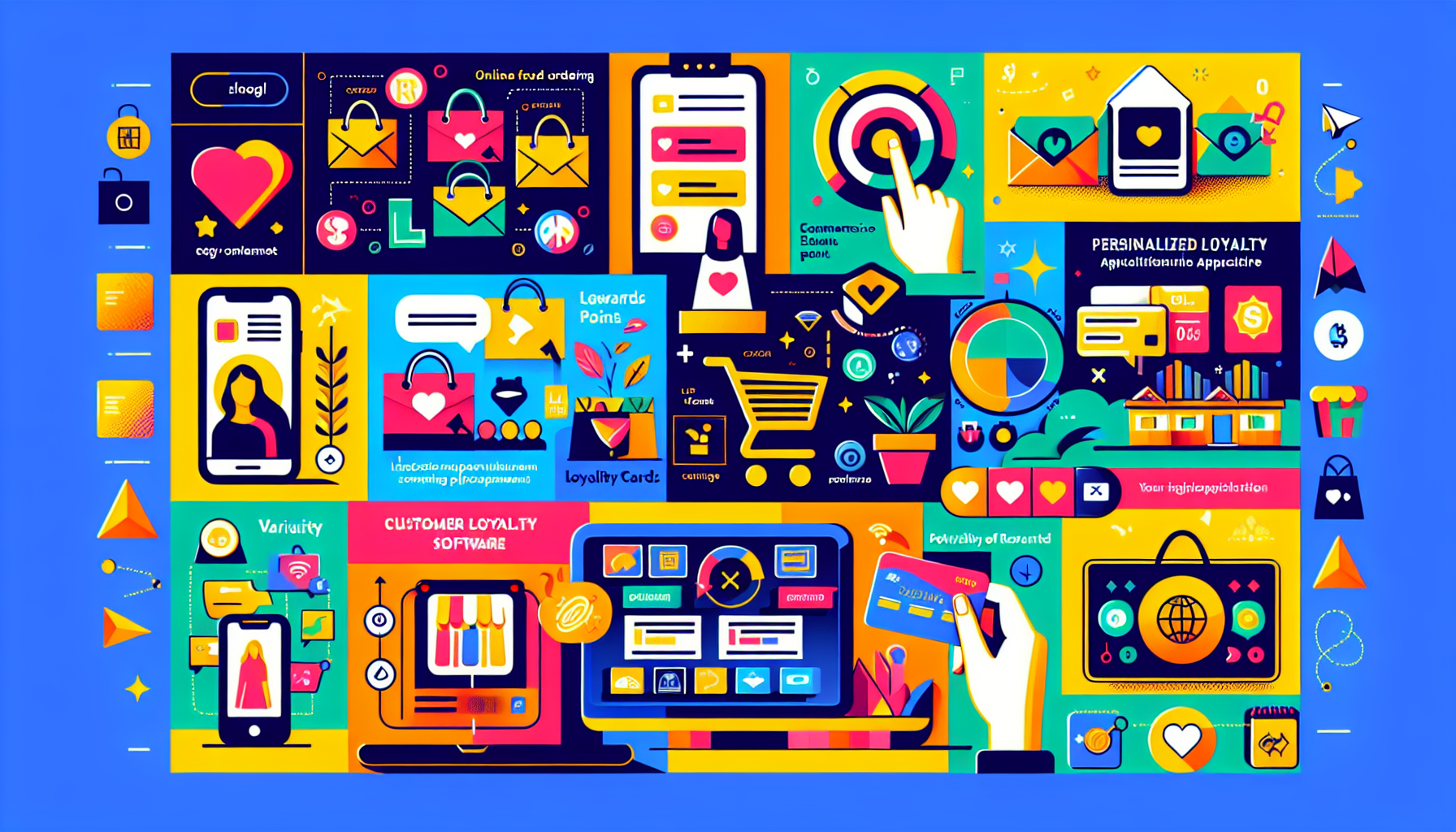 Illustration depicting various digital marketing and e-commerce concepts, including online shopping, customer loyalty, personalized customer incentives, brand engagement, and mobile notifications.