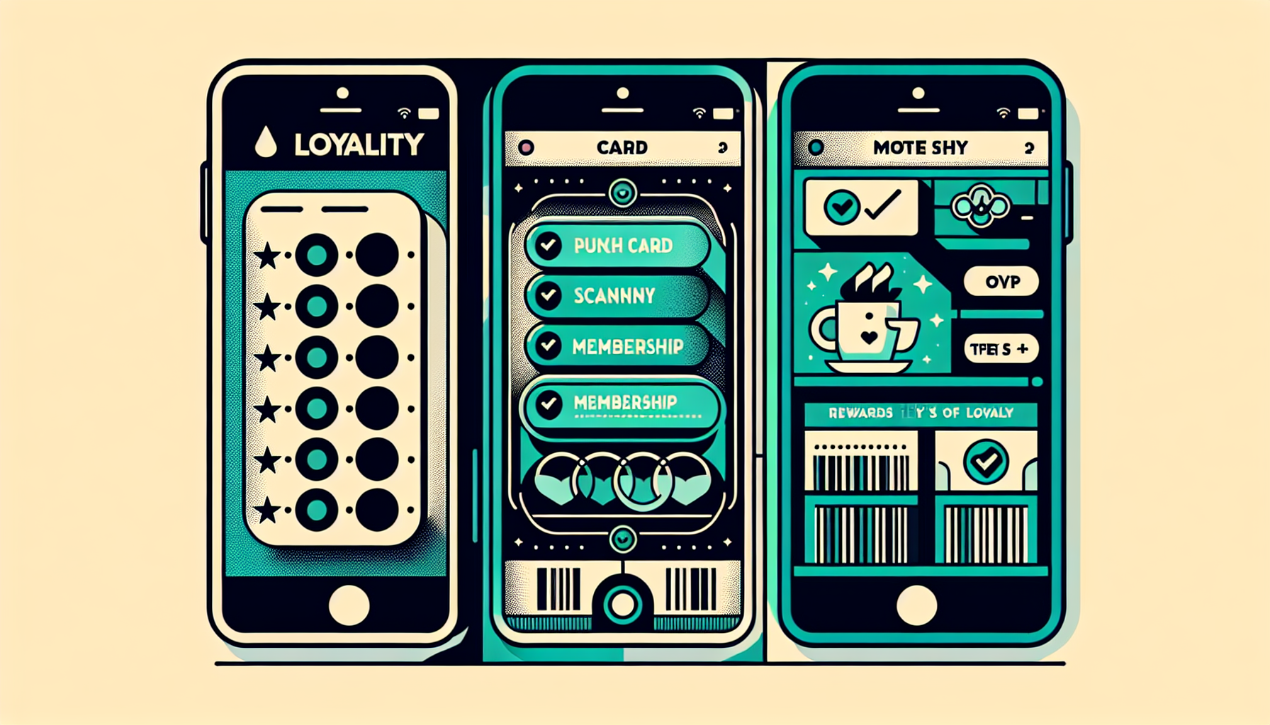 Three smartphones display different digital loyalty card interfaces featuring punch cards, membership rewards, and barcode scans in teal and black color schemes, showcasing a comprehensive loyalty card system for small businesses.