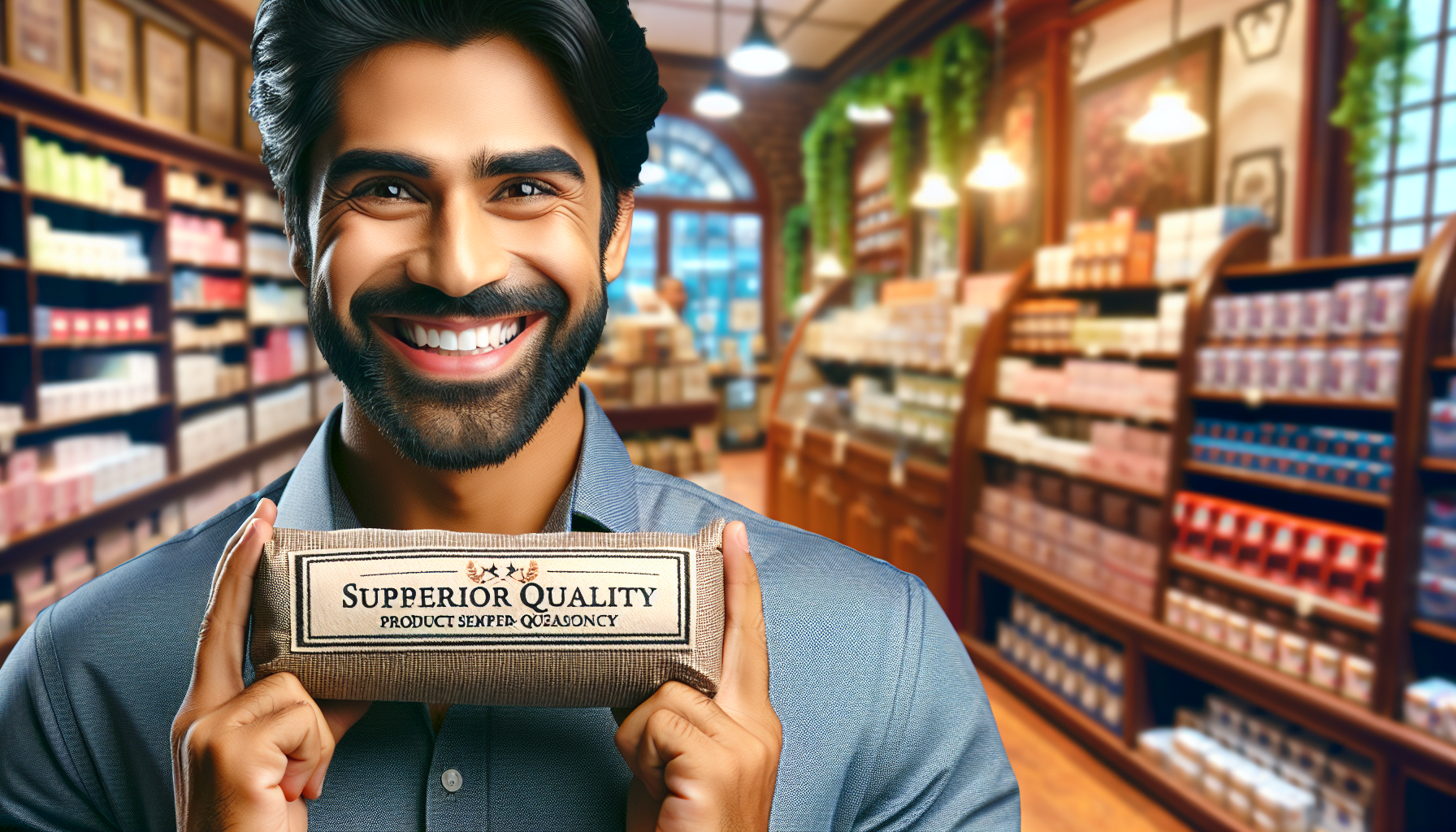 Person smiling and holding a package labeled "Superior Quality" inside a well-lit store with shelves stocked with various products, exemplifying consumer trust and brand loyalty.