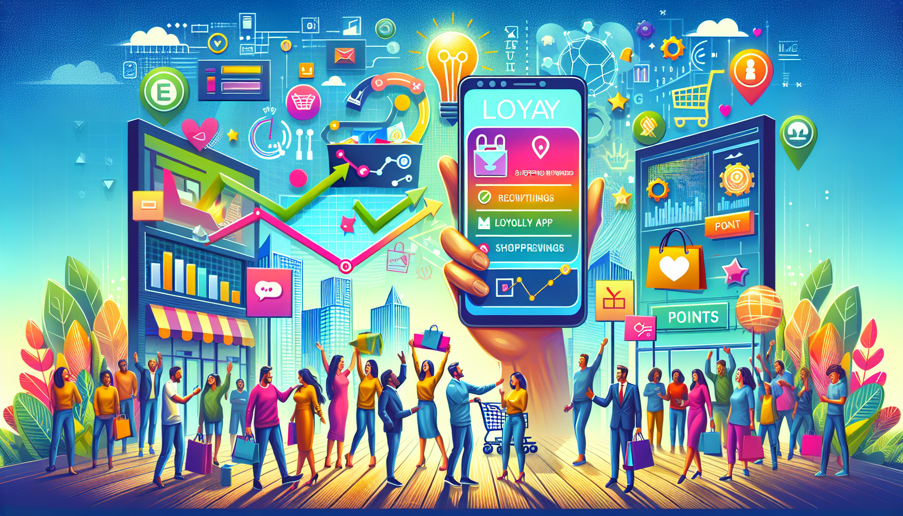 A giant hand holding a smartphone displays a loyalty platform interface. People below engage with various icons representing shopping, rewards, and points. Vibrant graphics illustrate technology and commerce.