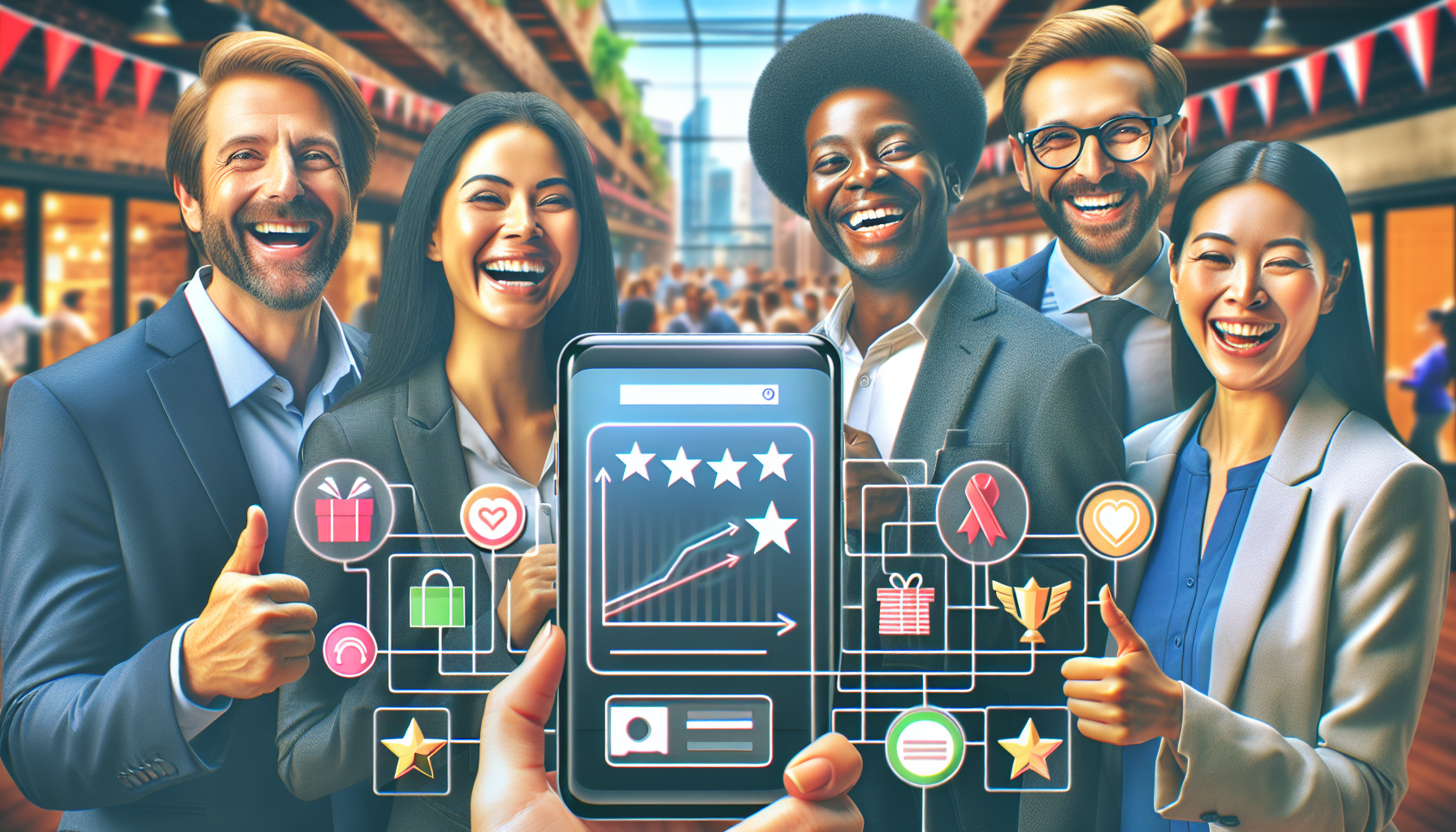 A diverse group of five people in business attire, smiling and standing behind a smartphone displaying a five-star review and various icons, set in a brightly lit indoor market, showcases the power of an effective loyalty rewards platform.