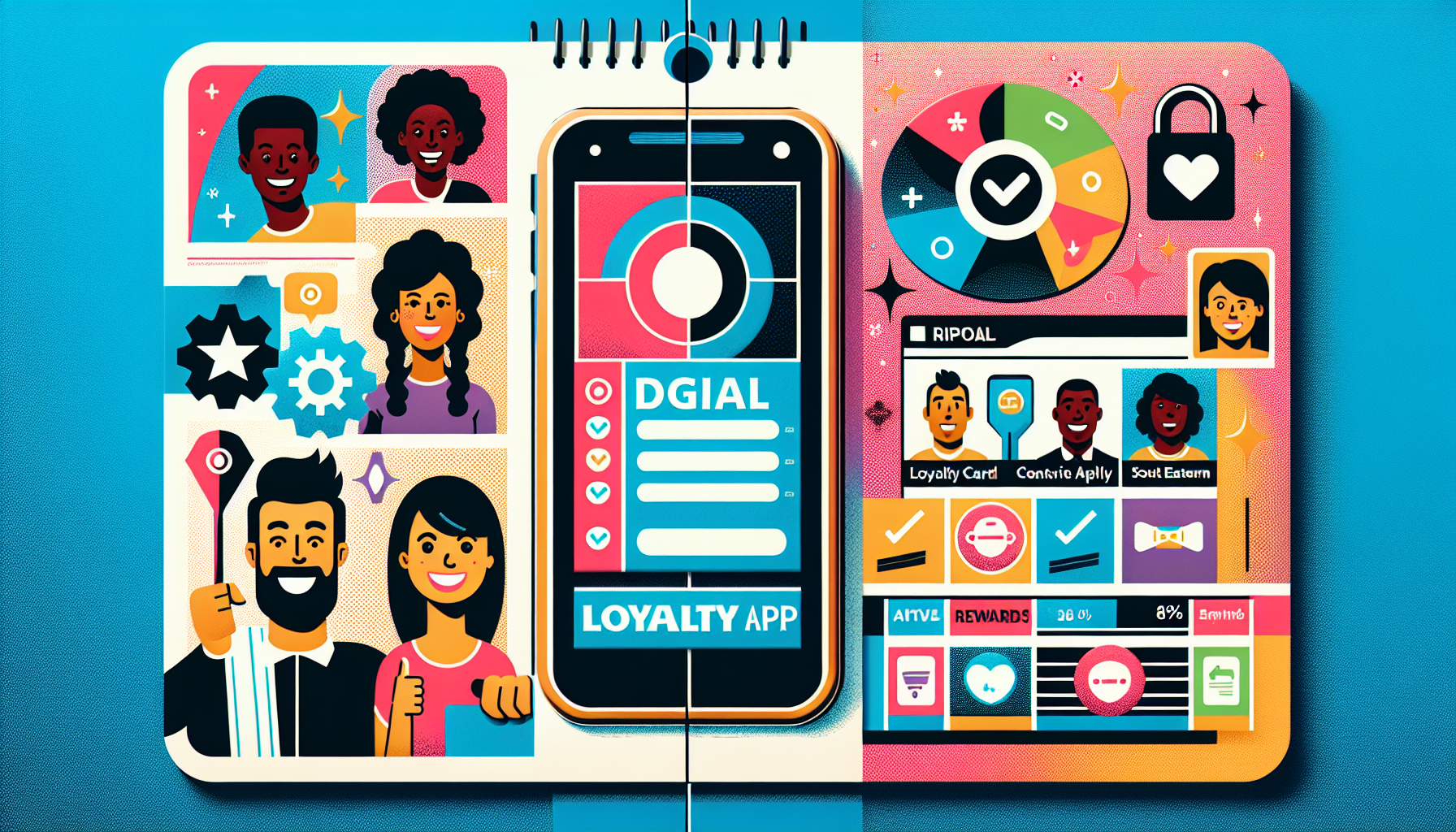 An illustration of a diverse group of people using a digital loyalty app. The app interface showcases user profiles, rewards progress, and interactive elements like settings and security icons, all designed to enhance customer loyalty programs.