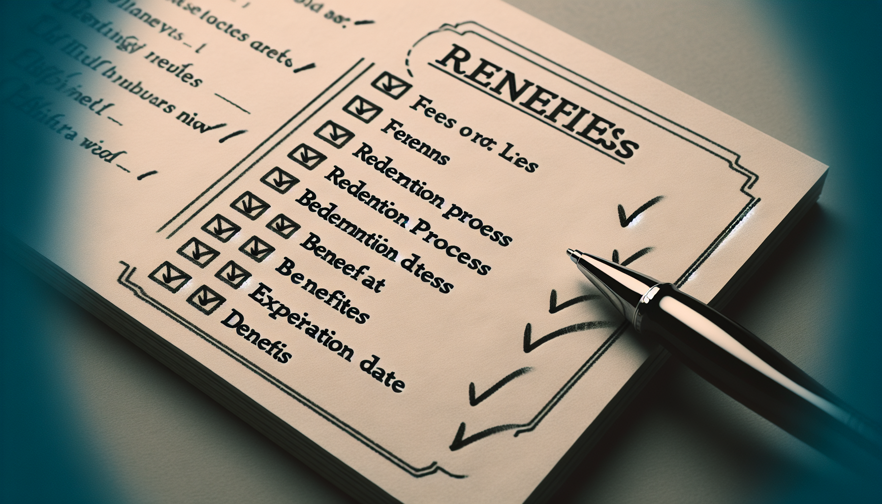 A close-up of a handwritten list titled "BENEFITS" with several misspellings, including "Fees or Les" and "Denefts." All items have check marks next to them. A pen rests beside the list, highlighting the membership benefits that seem to emphasize customer rewards despite the errors.