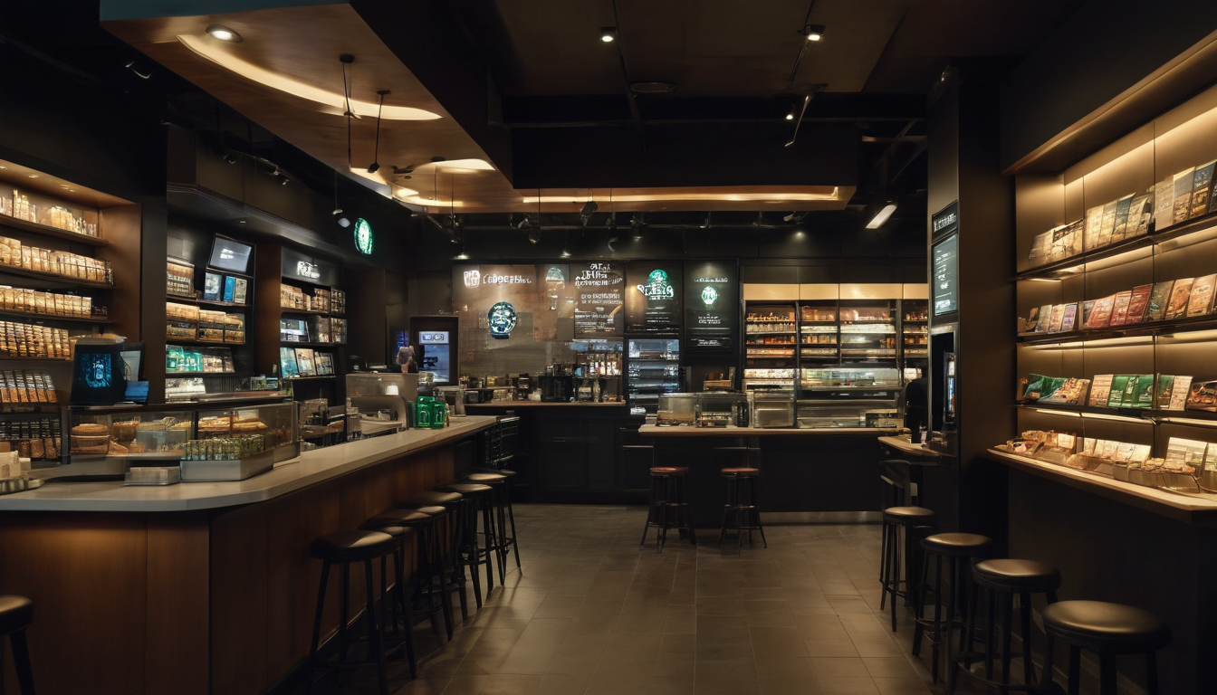 Interior of a dimly lit Starbucks coffee shop featuring a well-stocked product display, bar seating, and a counter with baristas promoting their punch card loyalty program.