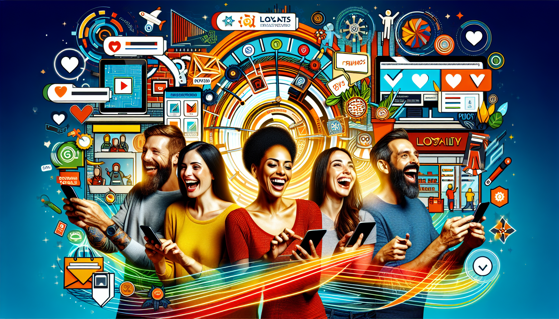 Five smiling people using smartphones, surrounded by a vibrant array of icons representing social media, digital communication, and customer engagement tools.