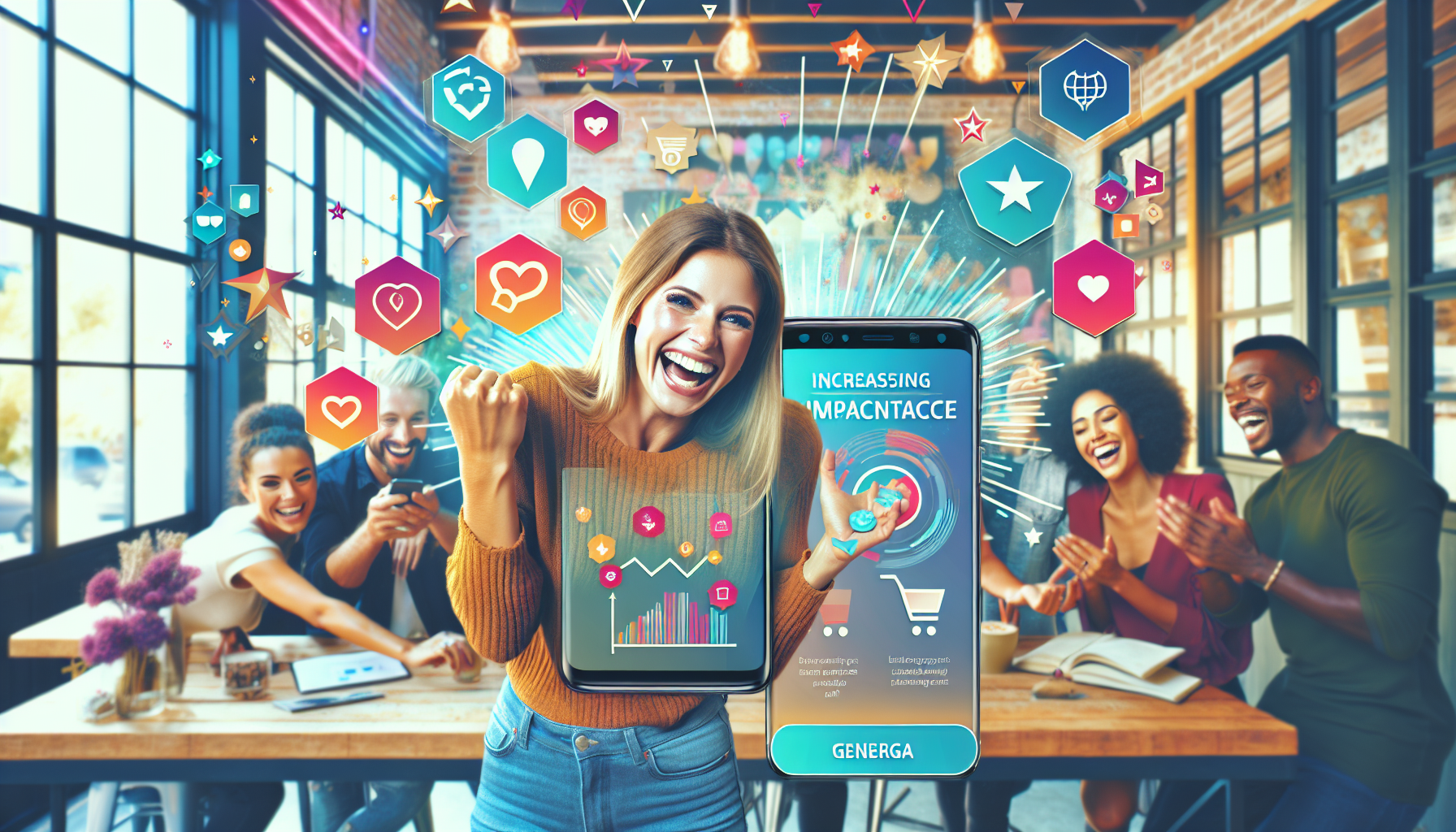 A woman celebrates while holding a tablet with graphs, showcasing the customer engagement analytics. A smartphone with the text "INCREASING IMPACT AND ACCESS" is beside her. Four people in the background are clapping and smiling in a vibrant, modern cafe.