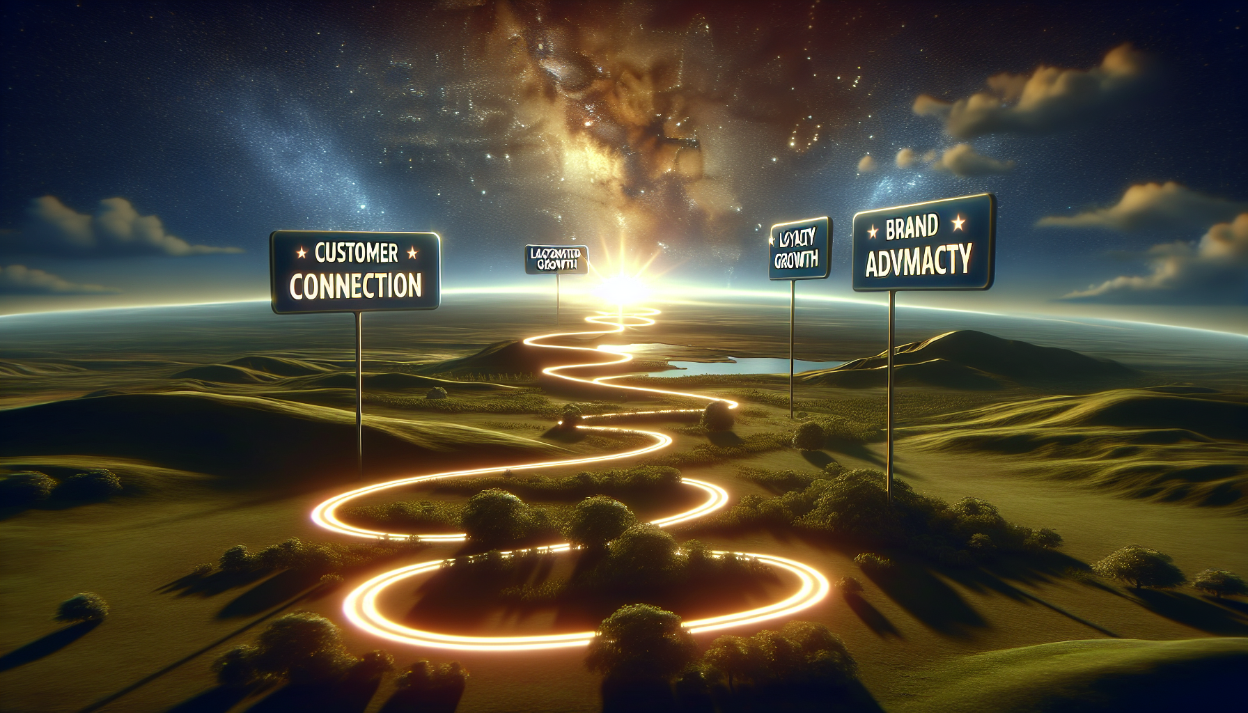 Surreal image showing a glowing winding path through a landscape with signs for "Customer Connection," "Long-Term Growth," "Loyalty Growth," and "Brand Advocacy" under a starry sky, highlighting the journey of customer retention and exclusive rewards.