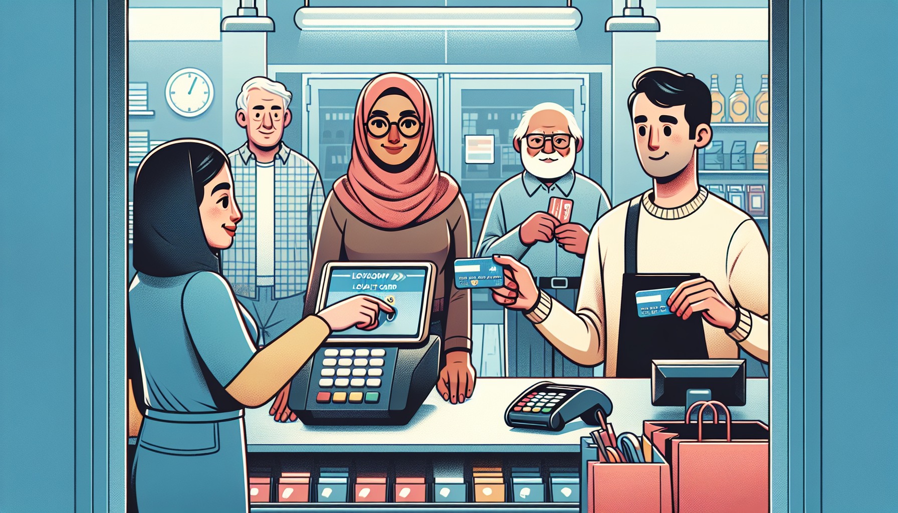 Customer and cashier engaging in a seamless payment at a grocery store, while three people wait in line. The scene highlights the power of digital engagement in enhancing the shopping experience.