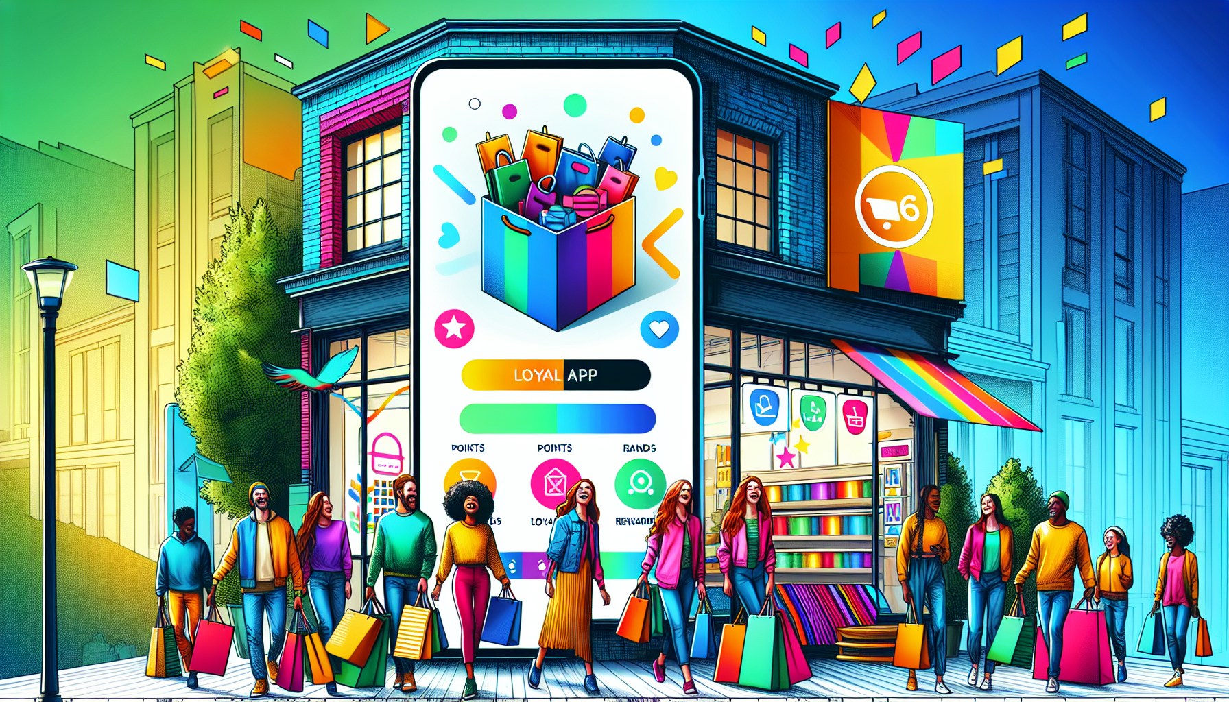 Colorful illustration showing a diverse group of people shopping in front of a store with a large smartphone graphic displaying loyalty program software. The street is vibrant with floating icons and confetti.