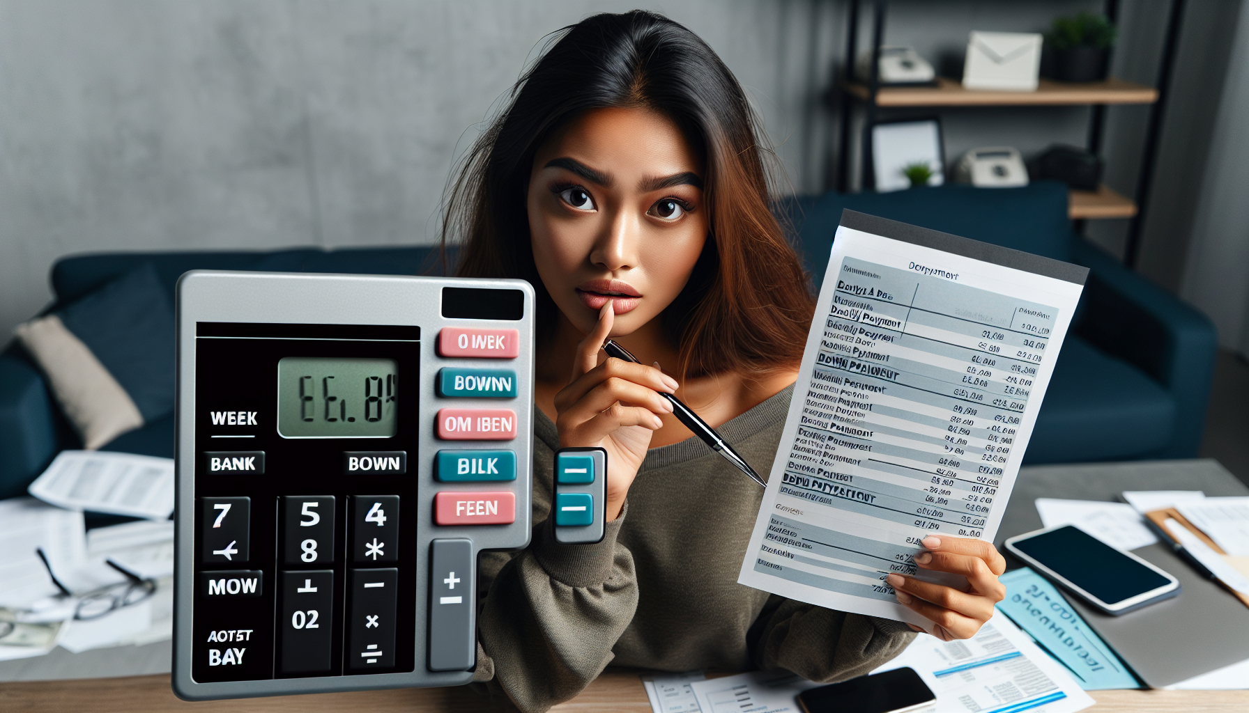 A person holding a pen and examining a detailed financial document while a large calculator displays "88.88" in the foreground, possibly considering car finance alternatives like lease to own vehicles.