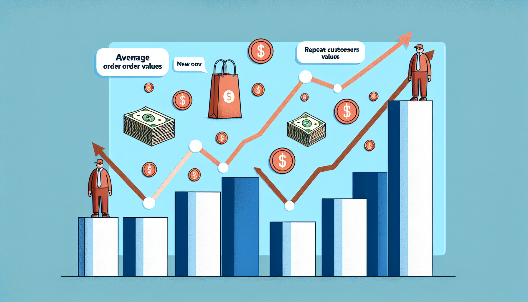 Illustration of two figures standing on bar charts representing average order values, new customer acquisition, and repeat customer values with upward-trending arrows, coins, and dollar signs—a visual representation of loyalty program benefits and effective customer retention strategies.