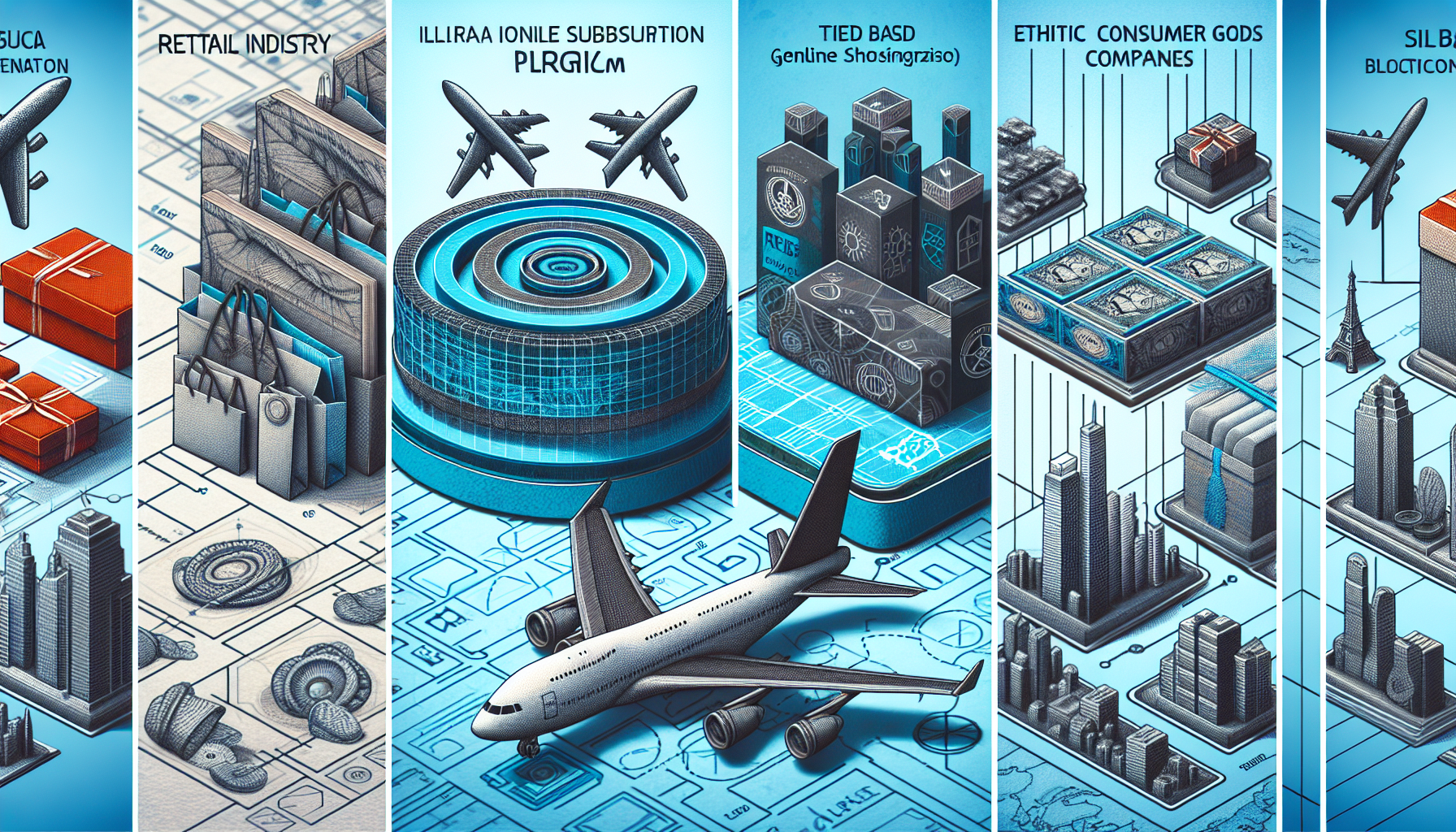 Illustration depicting various industries, including retail, aviation, and technology, with futuristic elements like drones and blockchain. Each sector is represented with vibrant graphics that highlight innovations in brand loyalty and customer retention strategies.