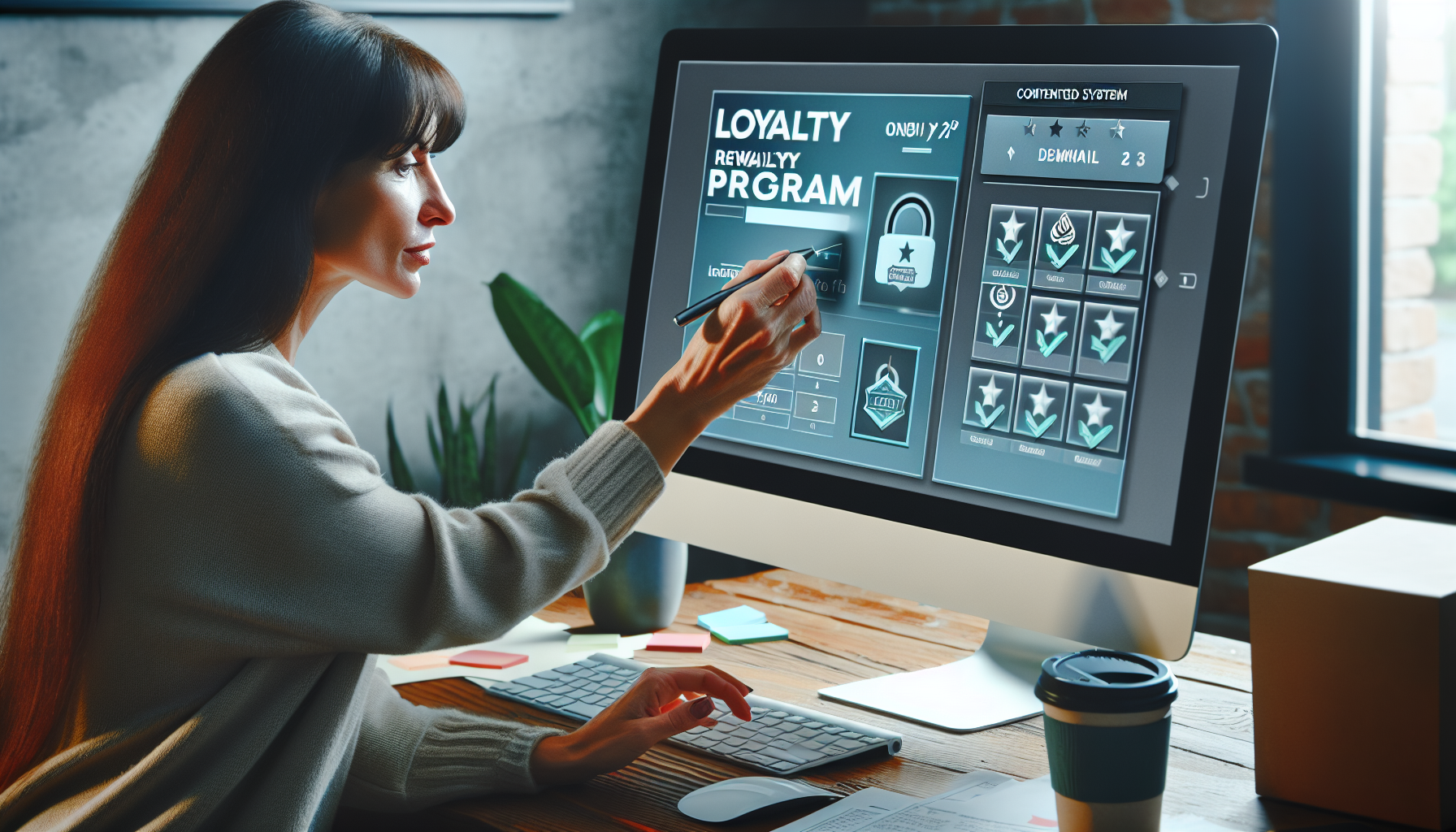 A woman uses a stylus to interact with a digital rewards program interface on a large computer monitor in a modern office setting.