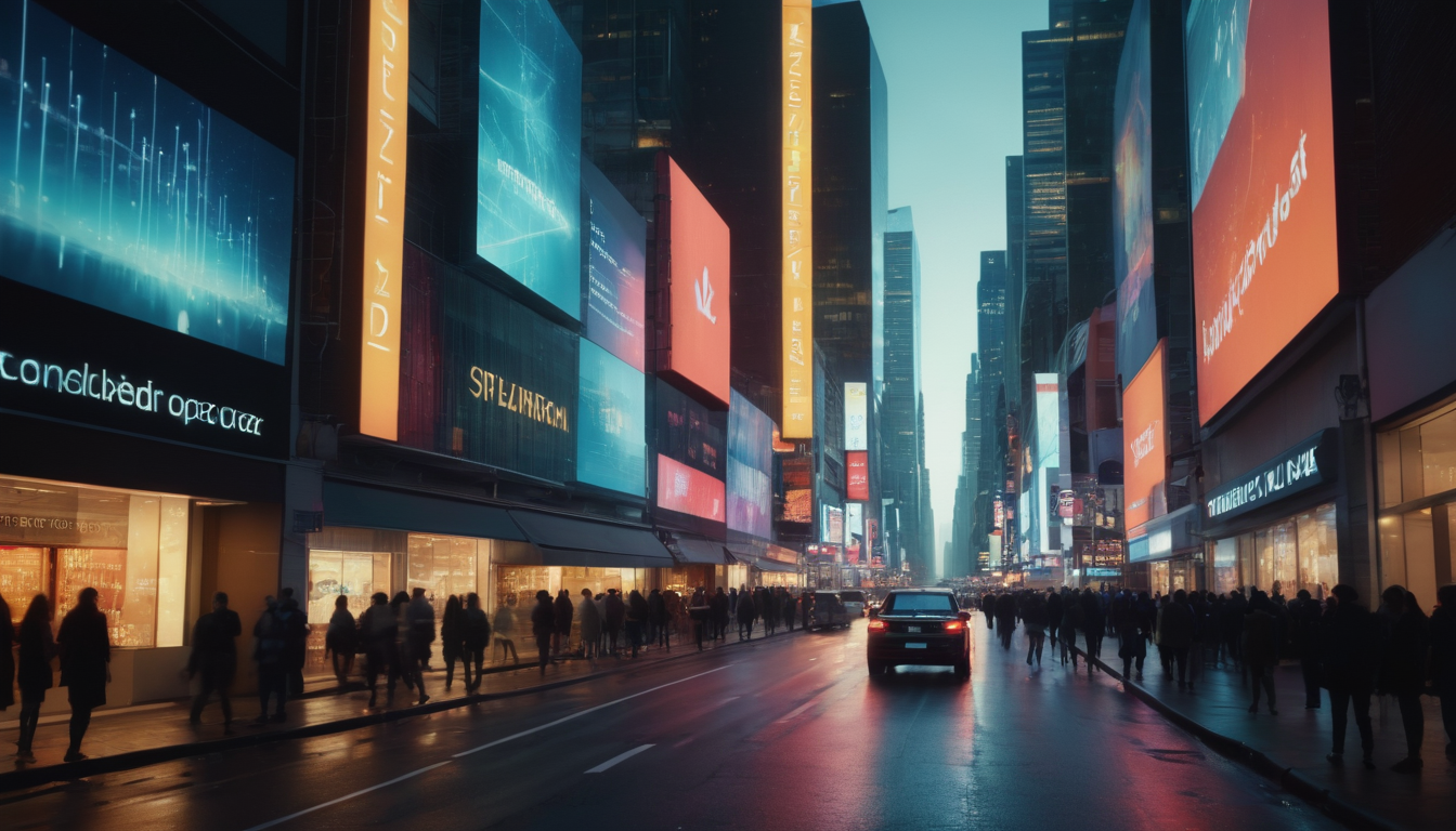 A bustling city street at night with bright digital billboards advertising punch card loyalty programs, shops, and a crowd of pedestrians, with a vehicle driving towards the camera.