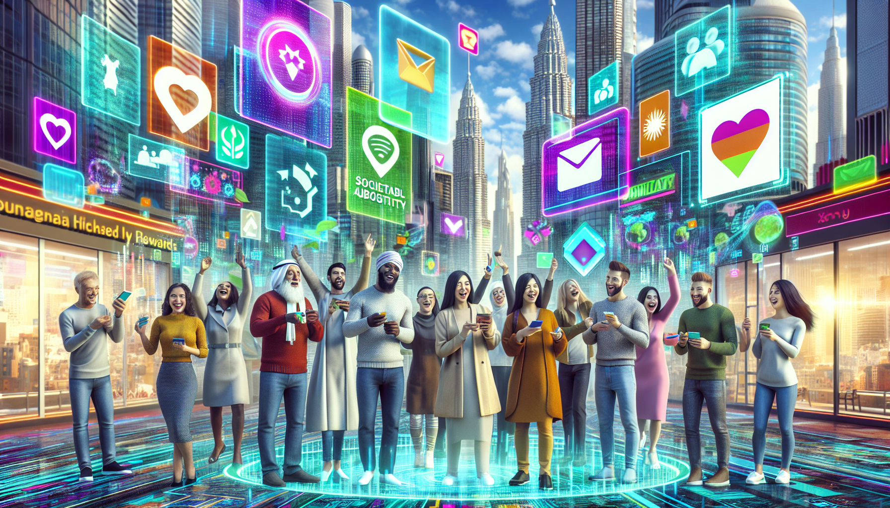 A diverse group of people using smartphones stands in a futuristic cityscape surrounded by vibrant digital icons representing various social media and communication apps, all seamlessly integrated with incentive systems to boost customer engagement. Skyscrapers and bright visuals surround them.