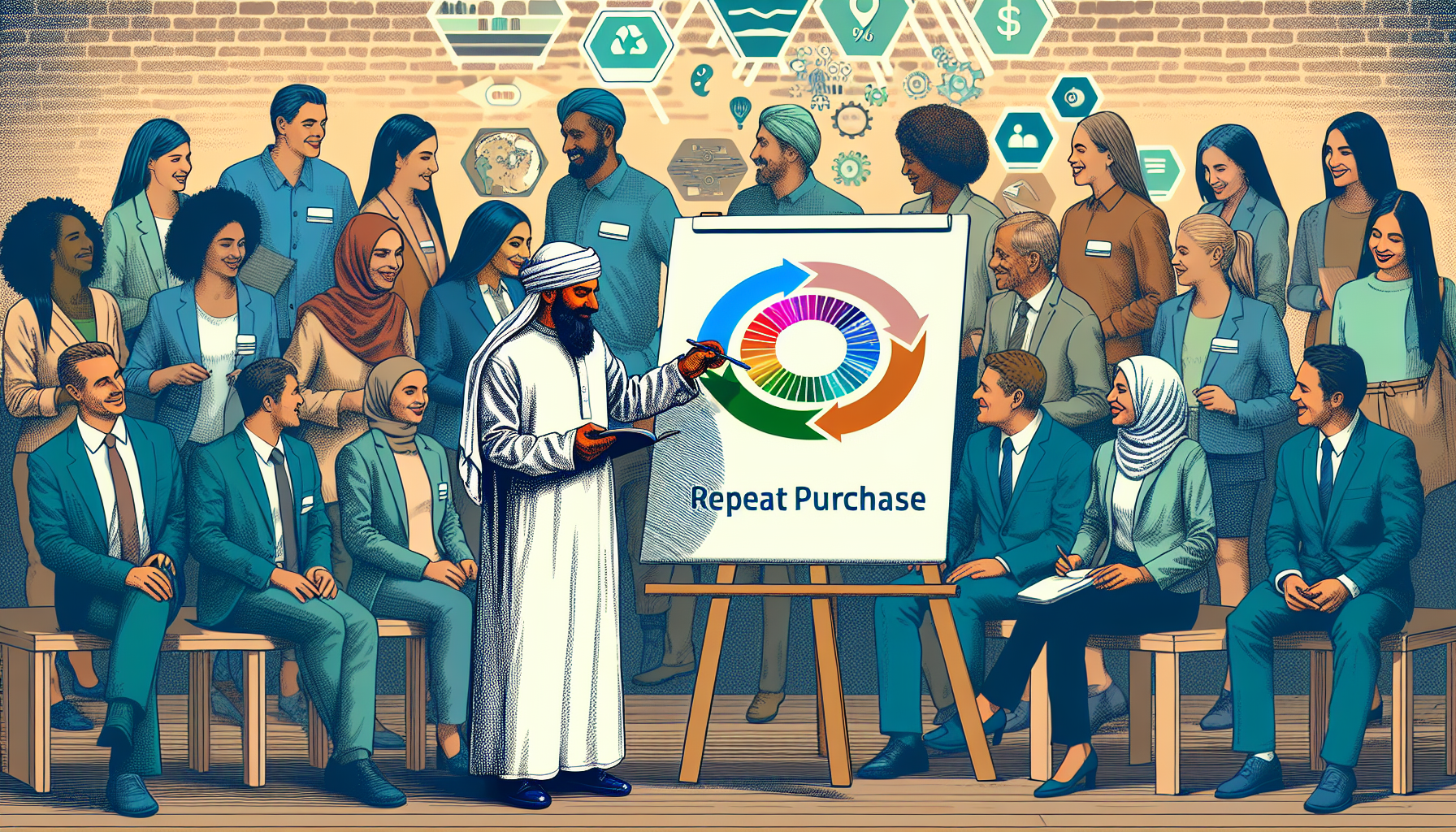 A group of diverse professionals in business attire, some seated and others standing, discuss a presentation on repeat purchases led by a bearded man in traditional attire. A chart displays the benefits of customer acquisition via referrals prominently on the board.